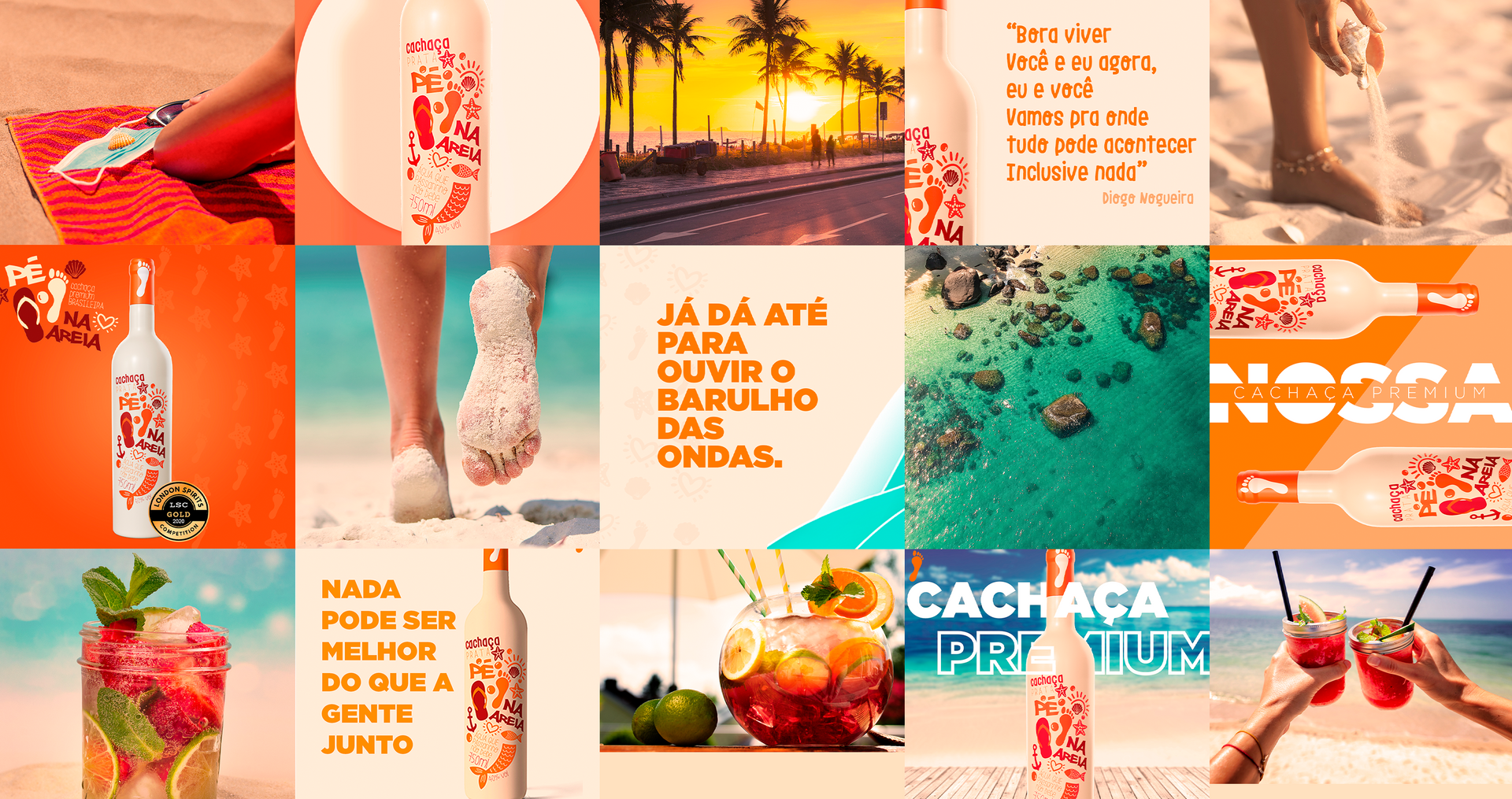 Pé na Areia Cachaça Um par de chinelos ao lado de um chapéu e um cartão de visita.