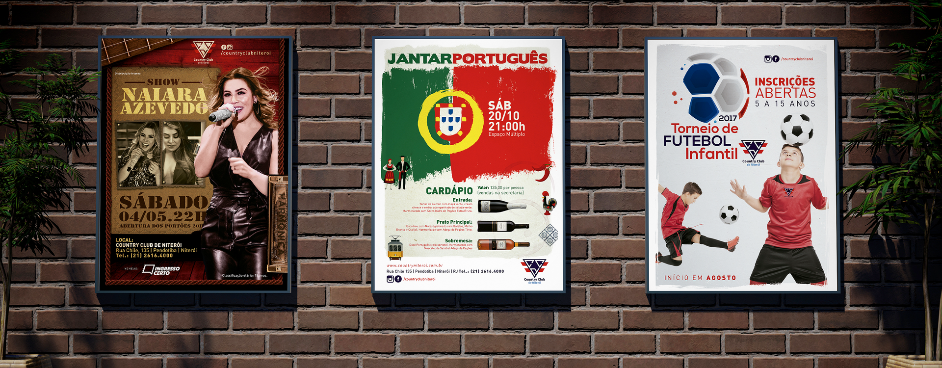 Três cartazes numa parede de tijolos um dos quais diz portugal