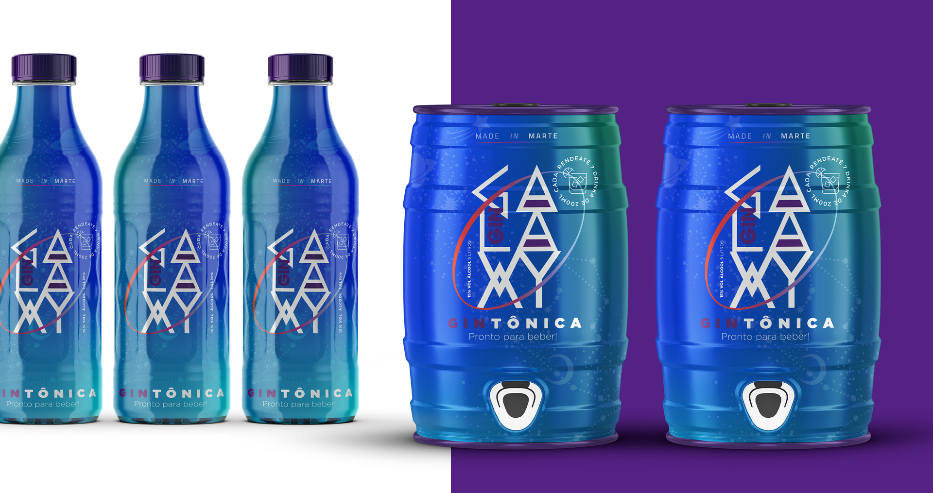 Uma fileira de garrafas azuis e duas latas azuis de tônica em um fundo branco e roxo.