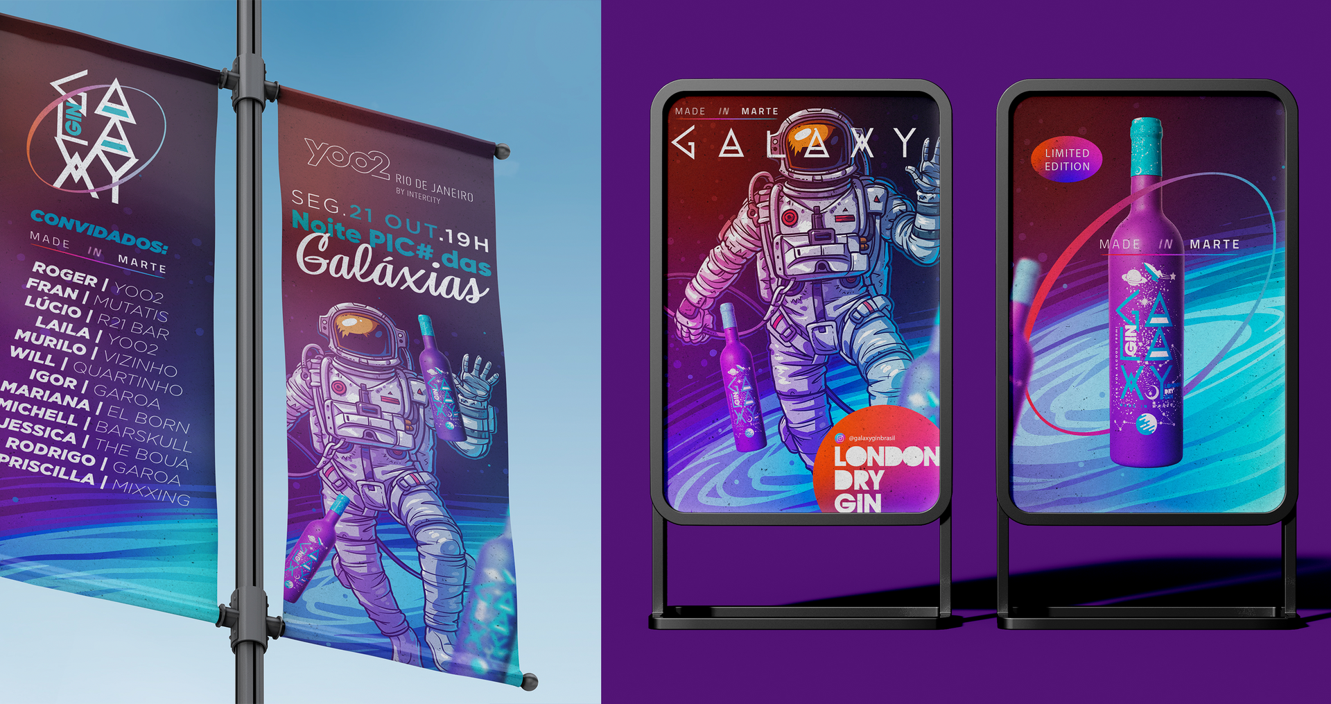 Uma placa roxa com um astronauta e uma garrafa de vinho.