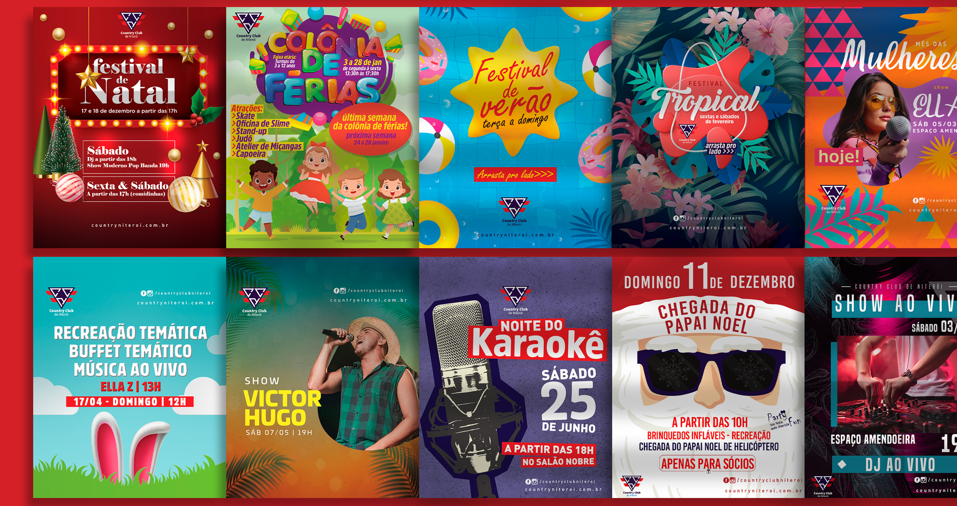 Uma colagem de cartazes para vários eventos, incluindo karaokê