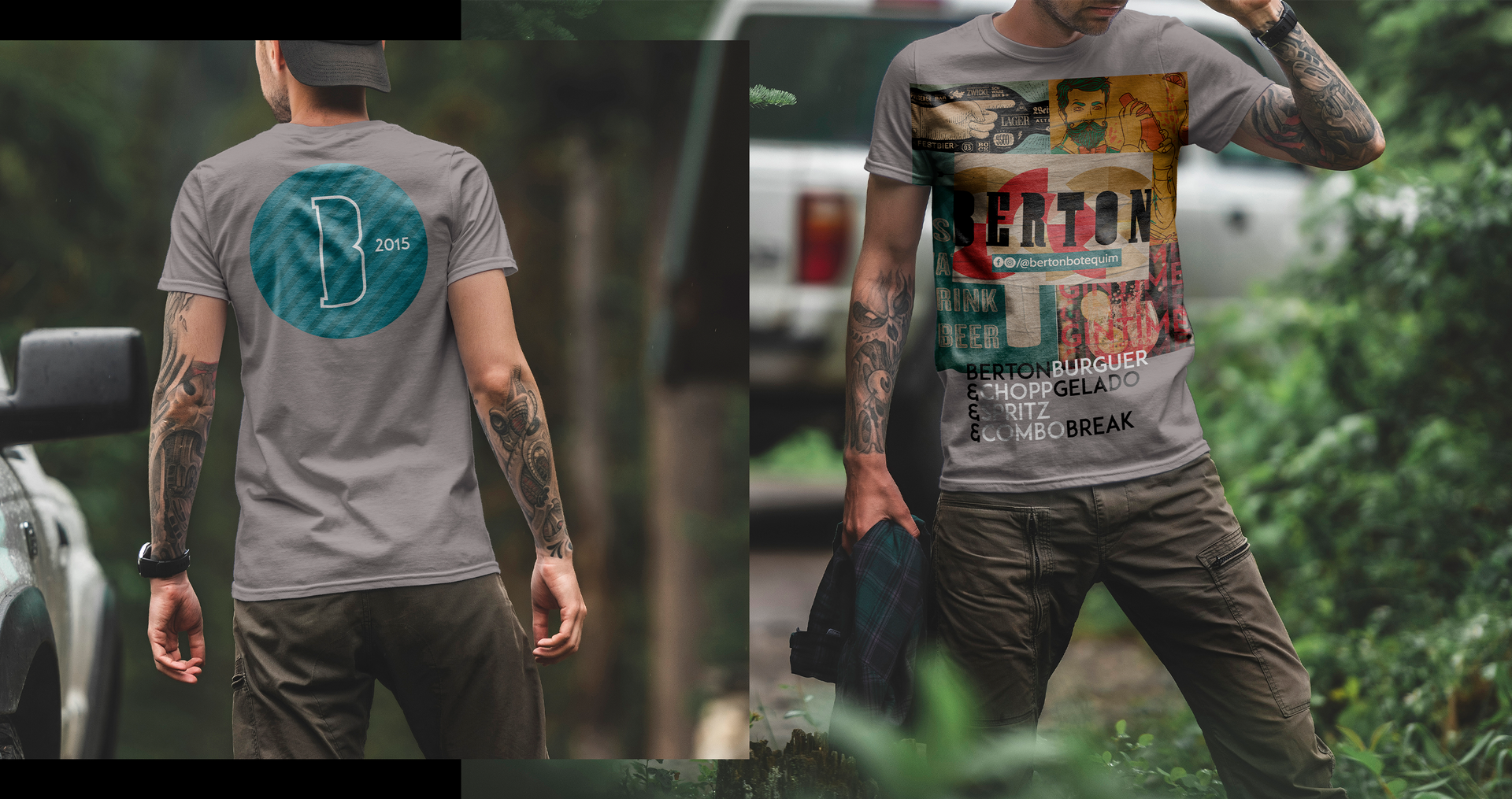 Um homem vestindo uma camiseta com uma foto está parado ao lado de um carro.