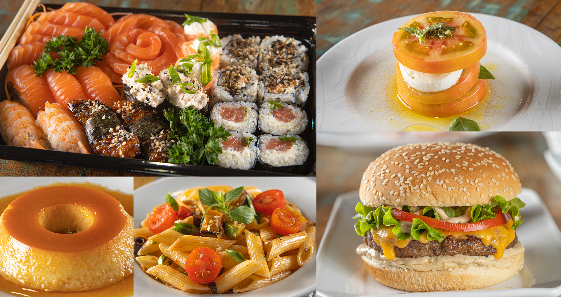 Uma colagem de diferentes tipos de comida, incluindo sushi, macarrão e um hambúrguer.