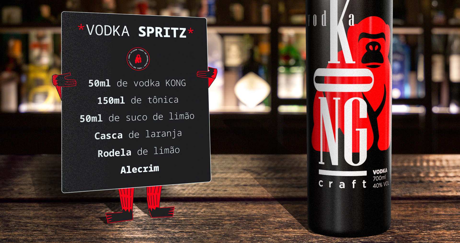 KONG Vodka Uma garrafa de vodka spritz ao lado de uma placa