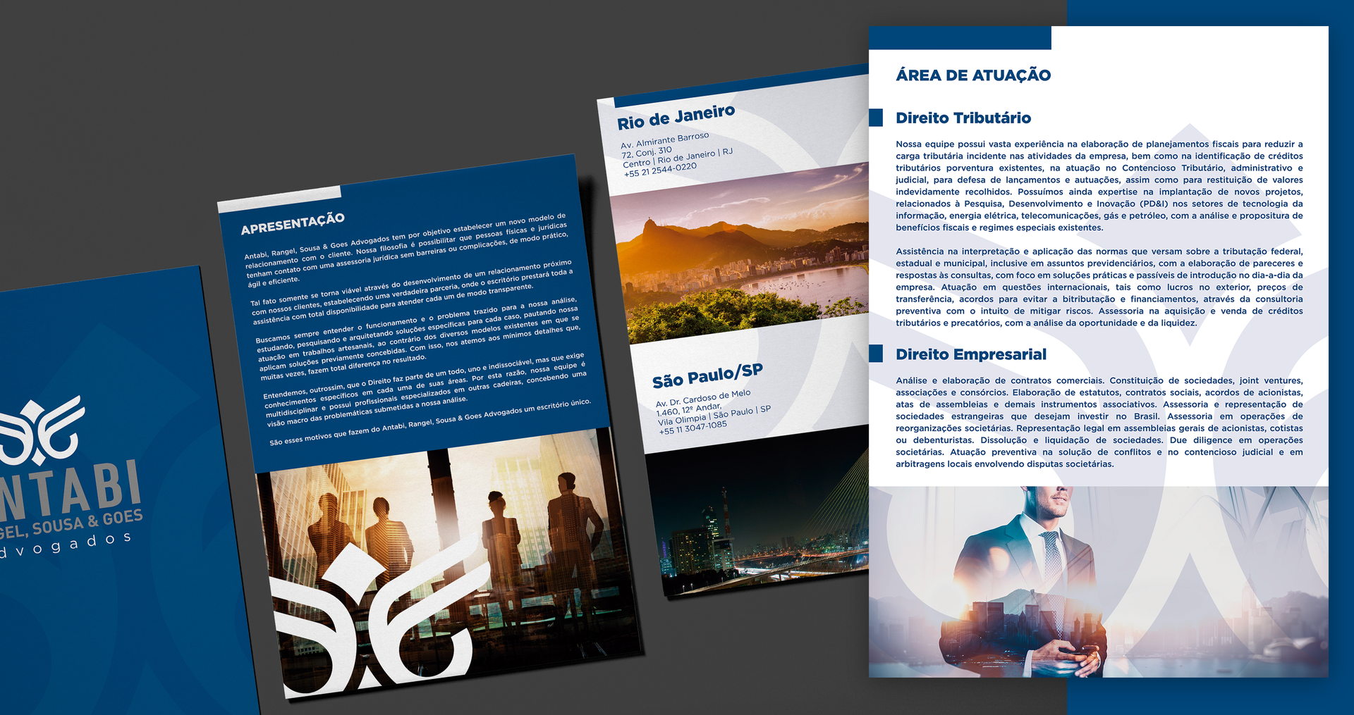 Antabi, Rangel, Sousa, & Goes A blue and white brochure with a man in a suit on it