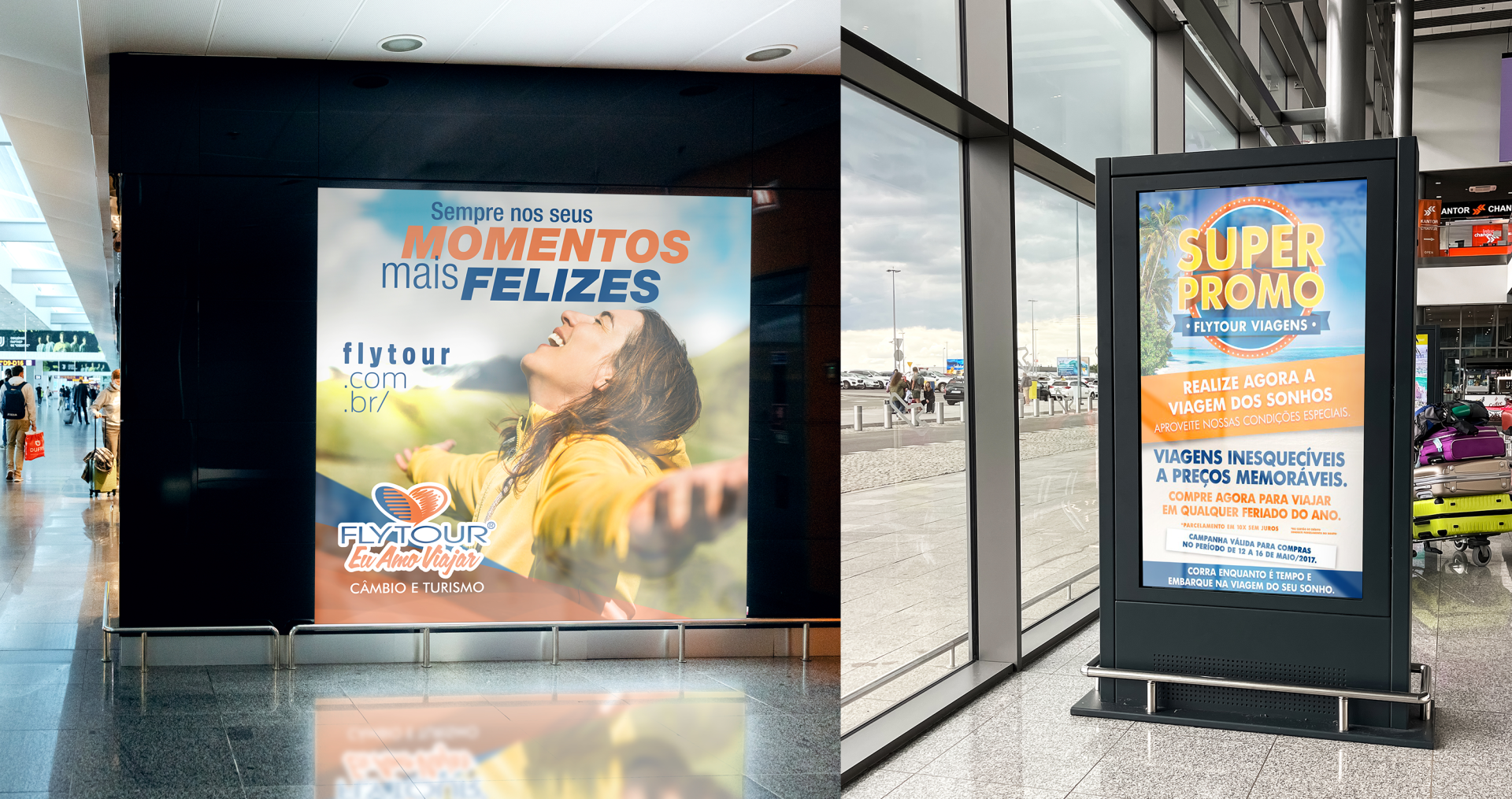 Dois pôsteres estão pendurados na parede de um aeroporto.