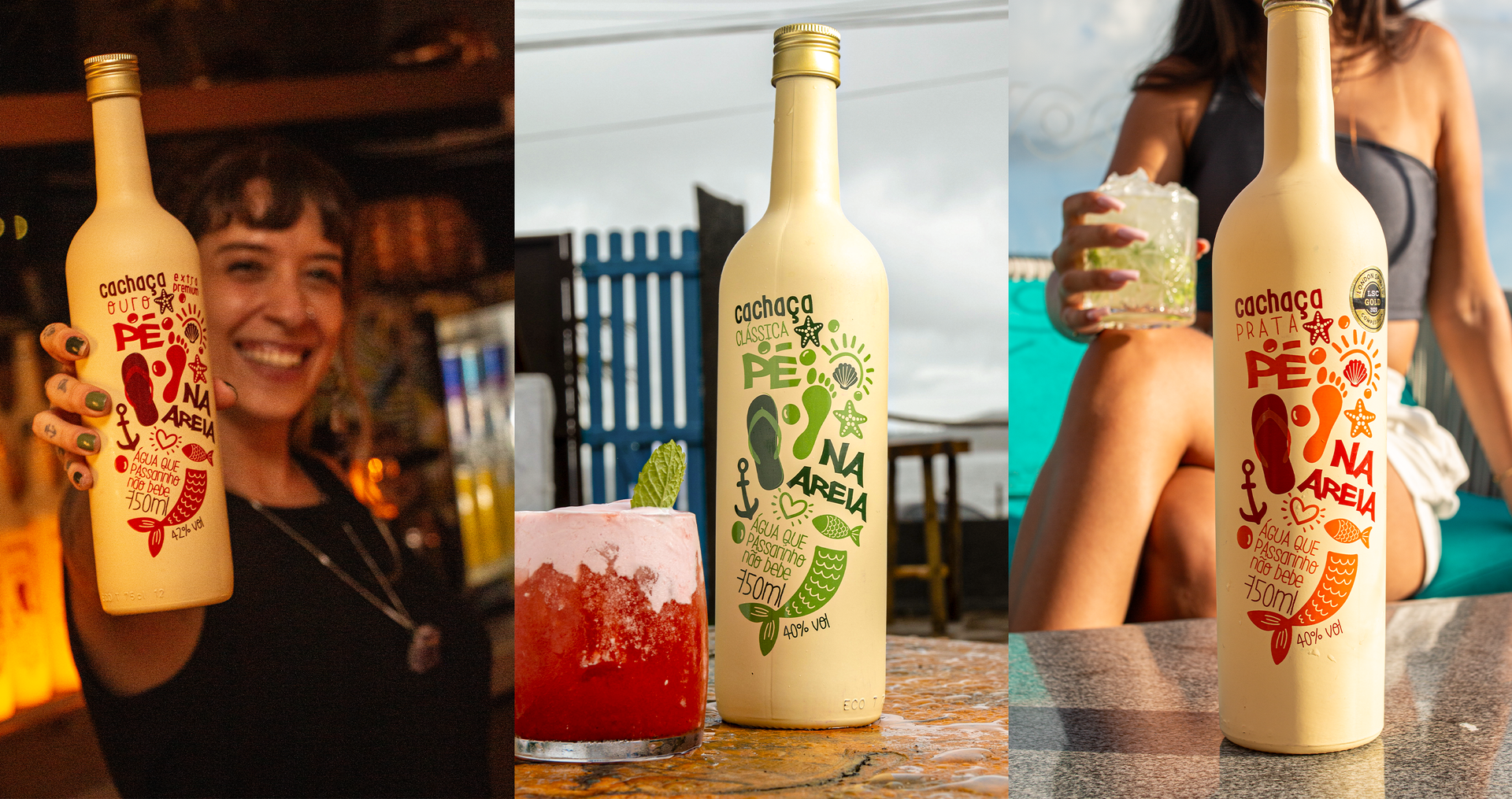 Pé na Areia Cachaça Um conjunto de pegadas com as palavras na areia