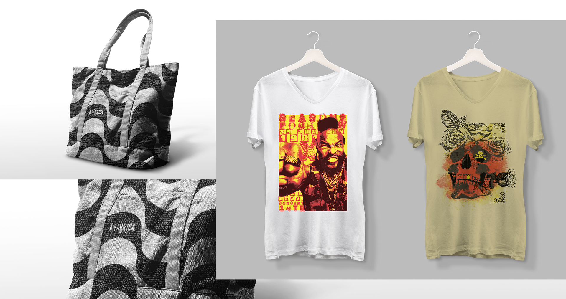 Uma bolsa, uma camiseta e uma camiseta estão penduradas em um cabide.