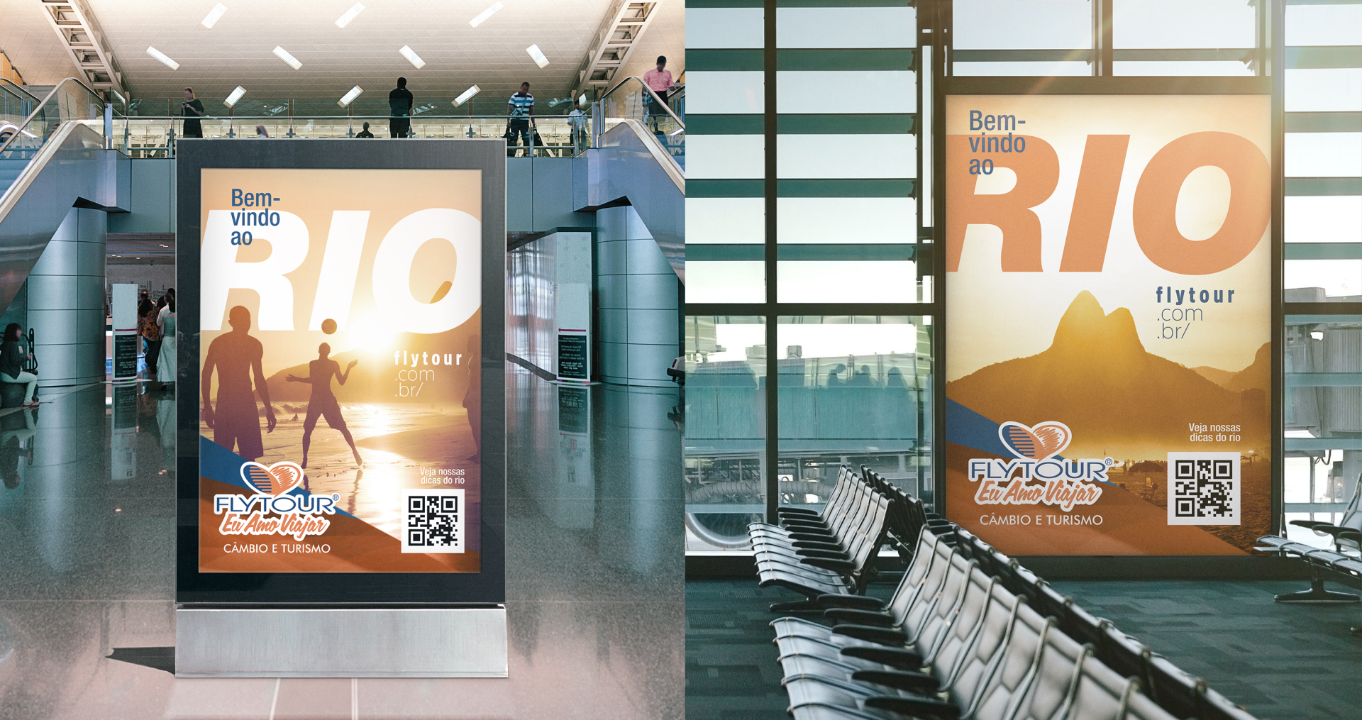 Dois outdoors em um aeroporto com a palavra rio neles