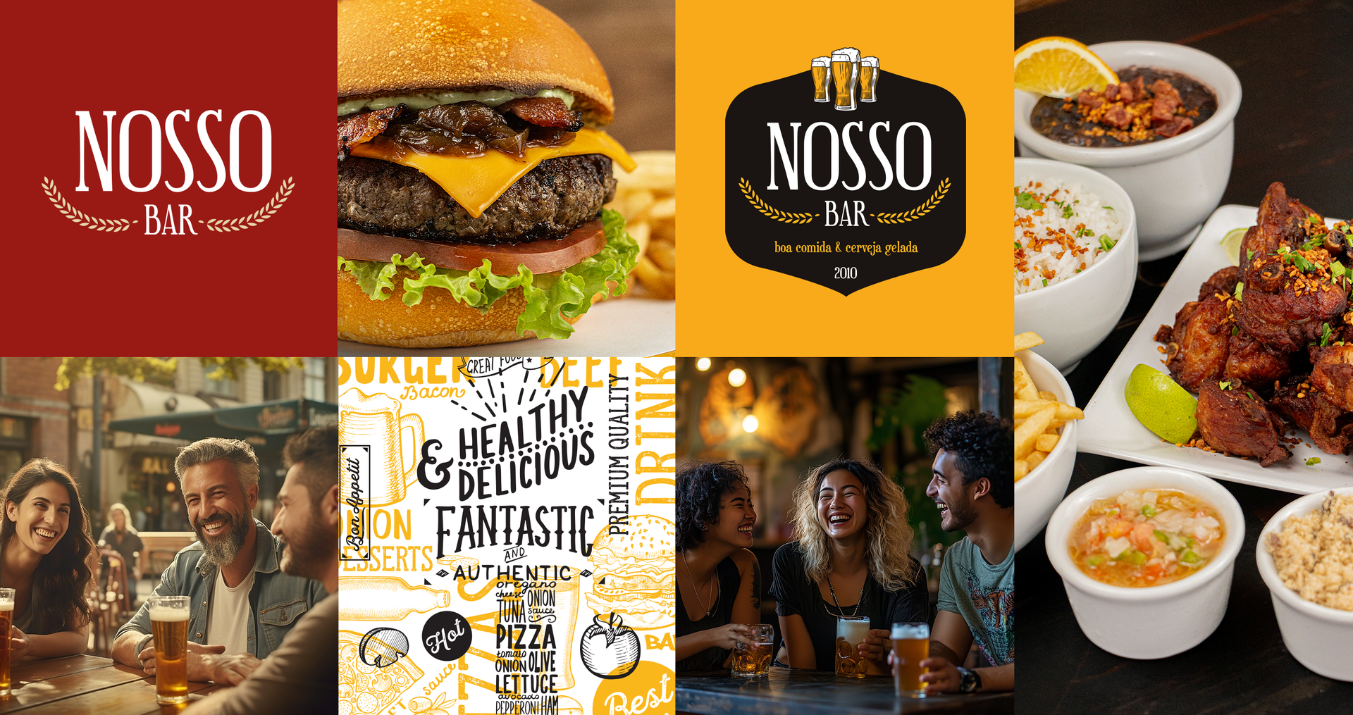 Nosso Bar Um grupo de pessoas está sentado à mesa comendo e bebendo cerveja.