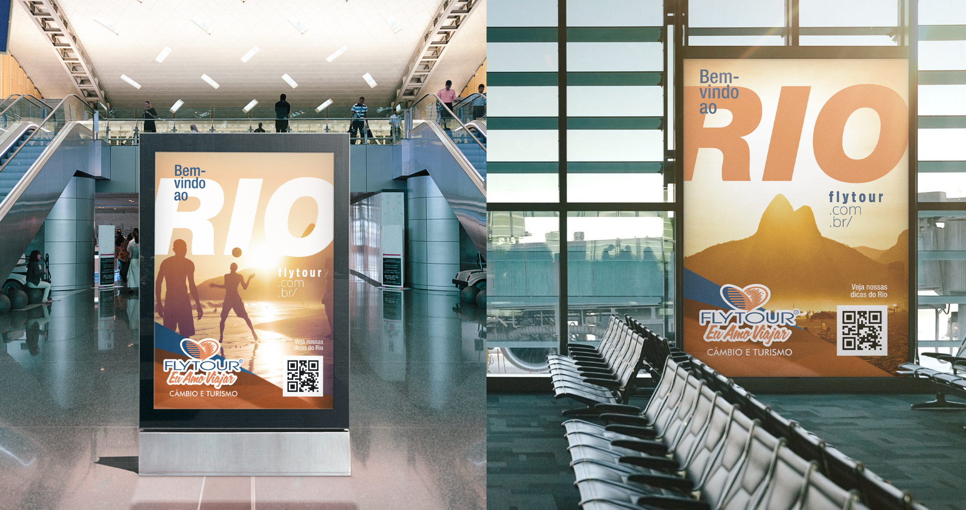 Flytour Dois cartazes em um aeroporto com a palavra rio neles