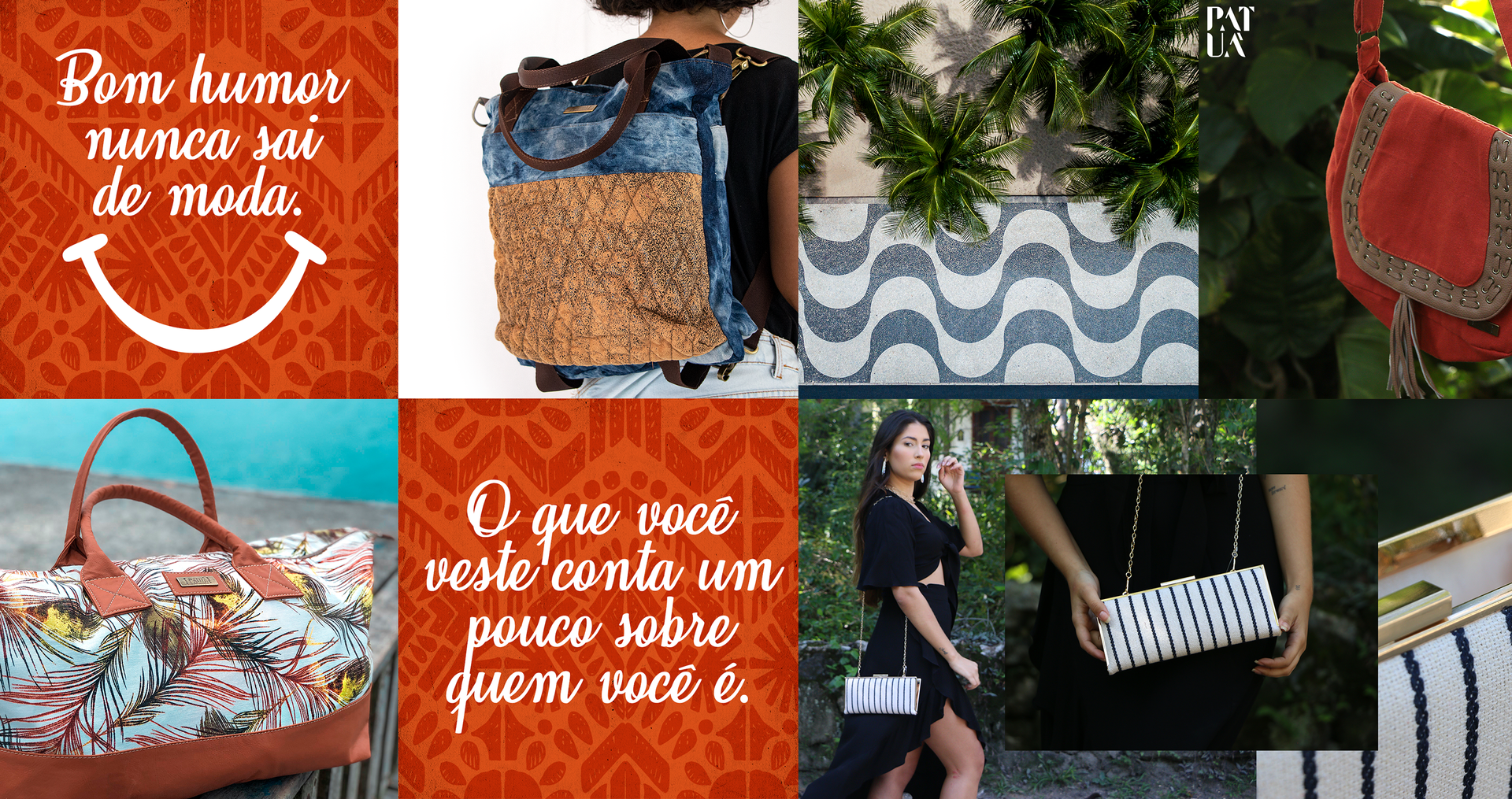 PATUÁ A collage of pictures of a woman holding a purse