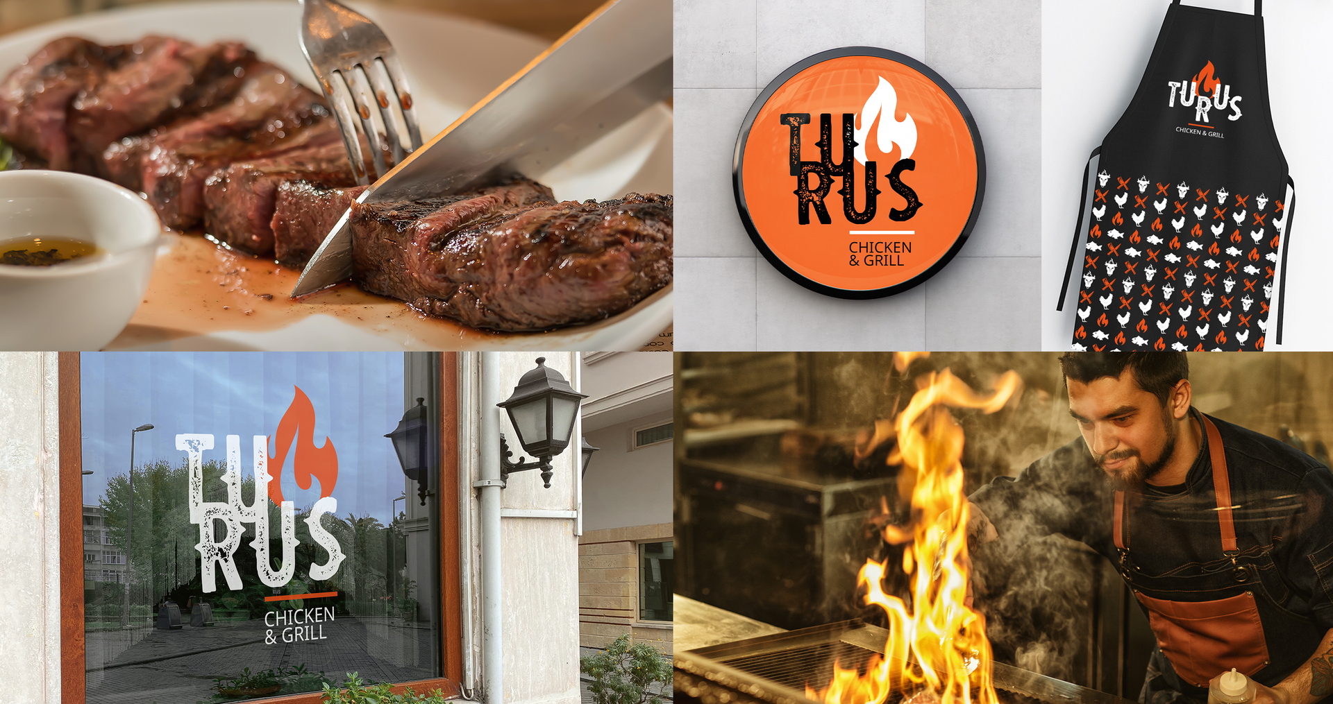 Turus Uma colagem de fotos mostra um bife sendo cortado com um garfo e um homem cozinhando em uma grelha.