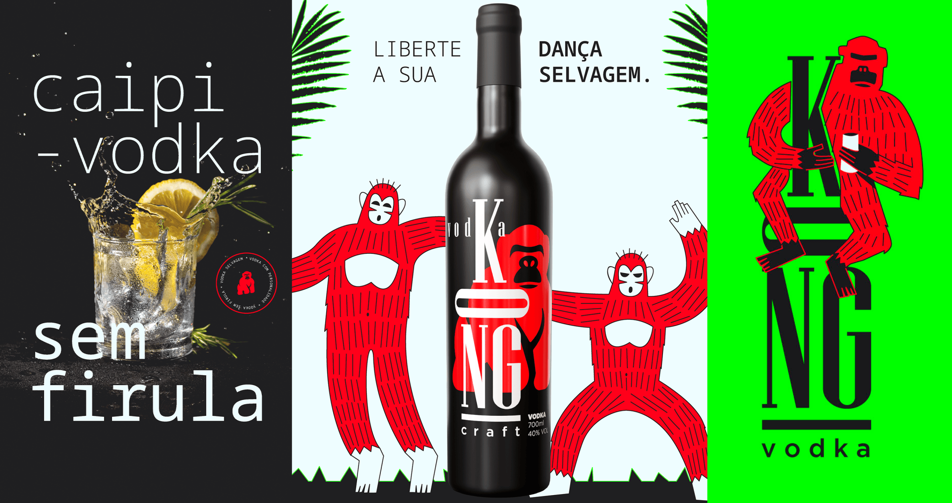 KONG Vodka Uma garrafa de vodka está sobre um fundo verde ao lado de outras duas garrafas