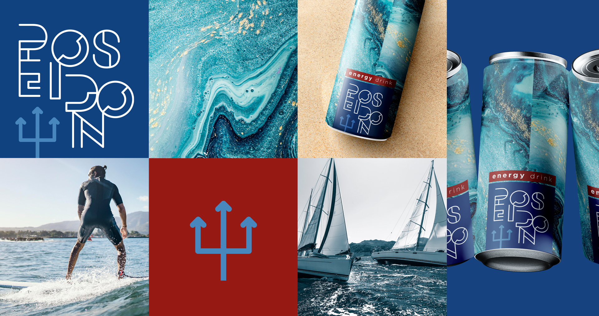 Poseidon Energy Drink A man is riding a wave on a surfboard in the ocean.