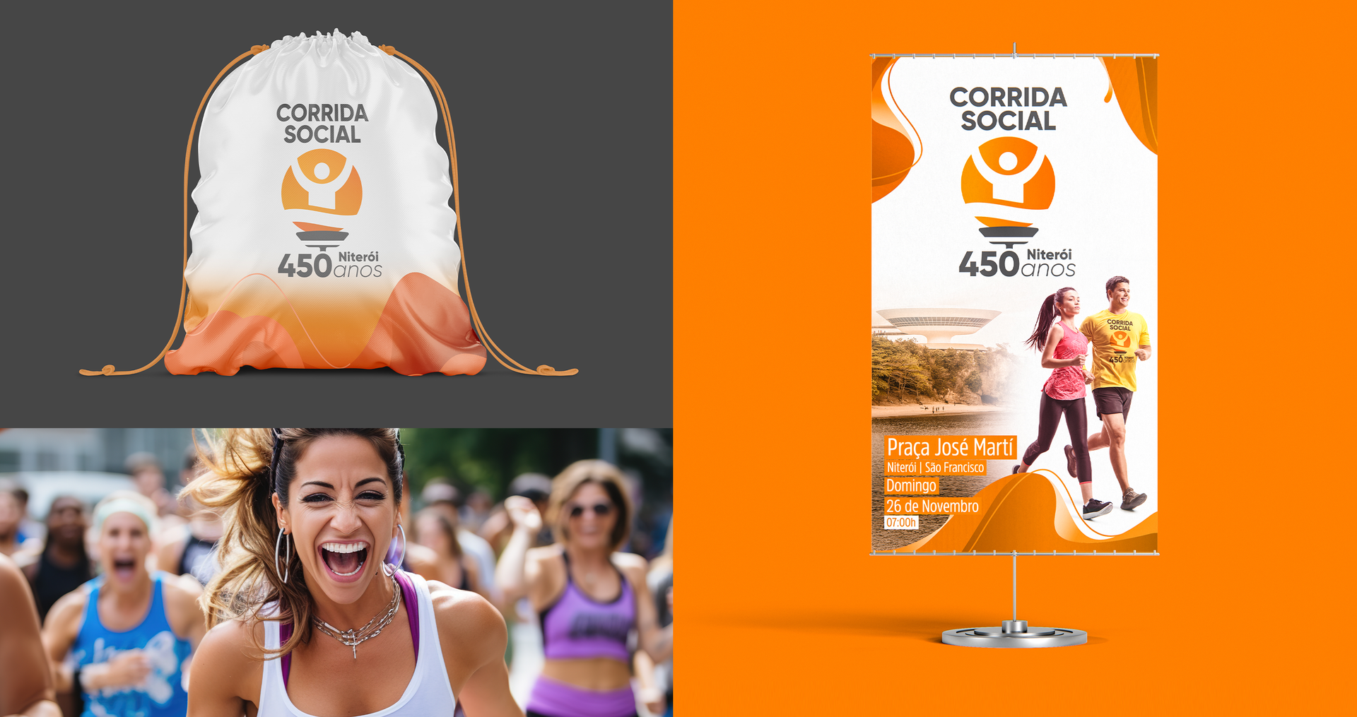 Uma mulher está rindo enquanto corre uma corrida.