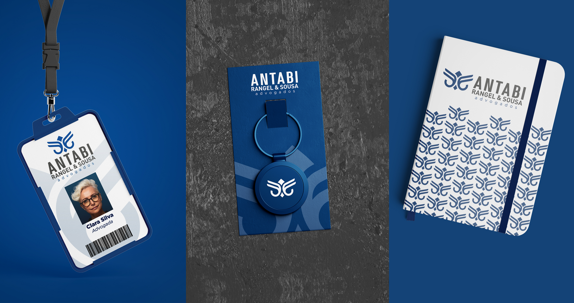 Antabi, Rangel, Sousa, & Goes A badge , a keychain , and a notebook are on a blue surface.
