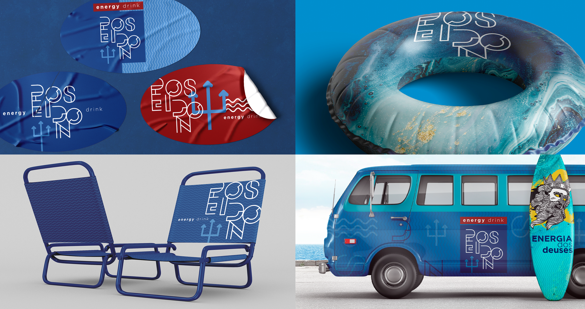 Poseidon Energy Drink A collage of four pictures shows a chair , a float , a surfboard and a bus.