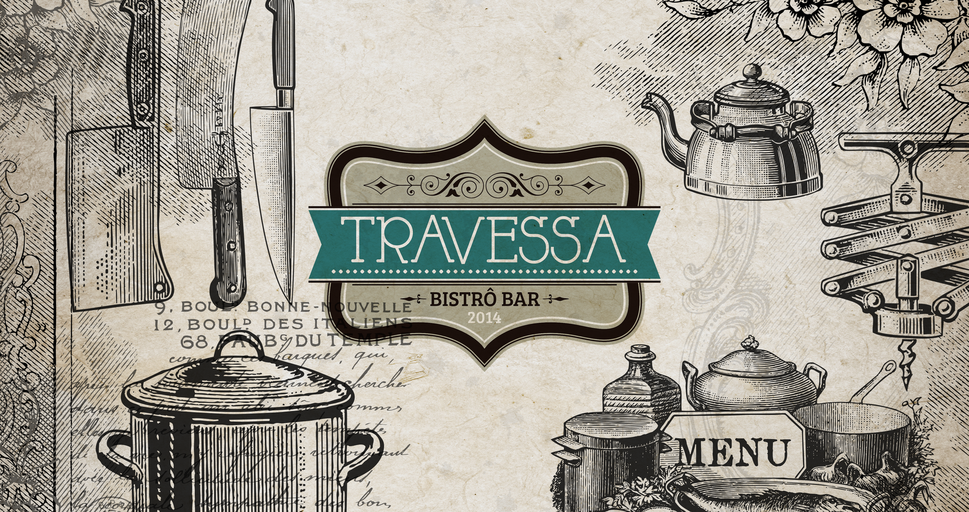 Travessa A poster for travessa bistro bar with pots and teapots on it