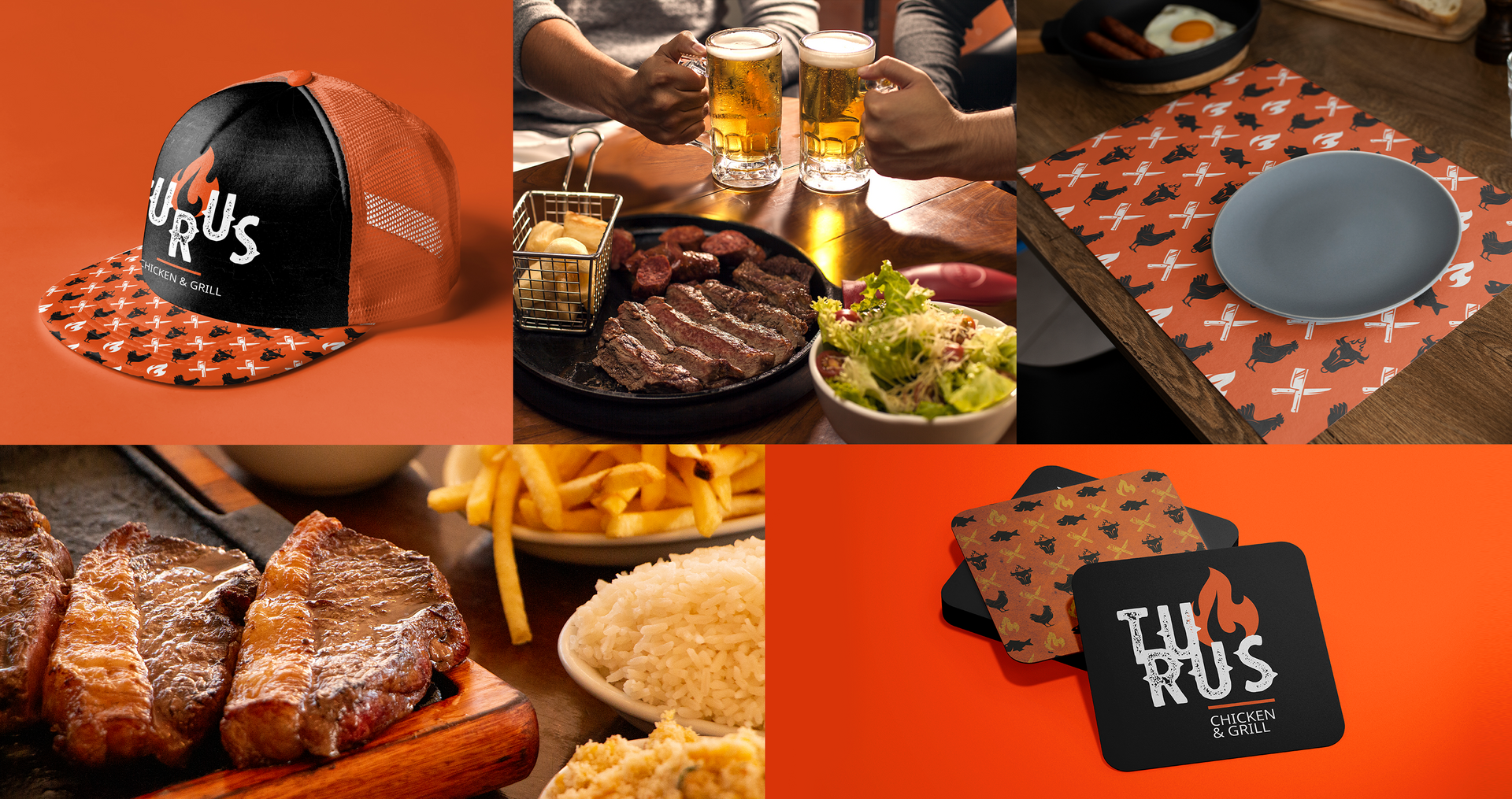 Turus Uma colagem de fotos de comidas e bebidas para um restaurante.