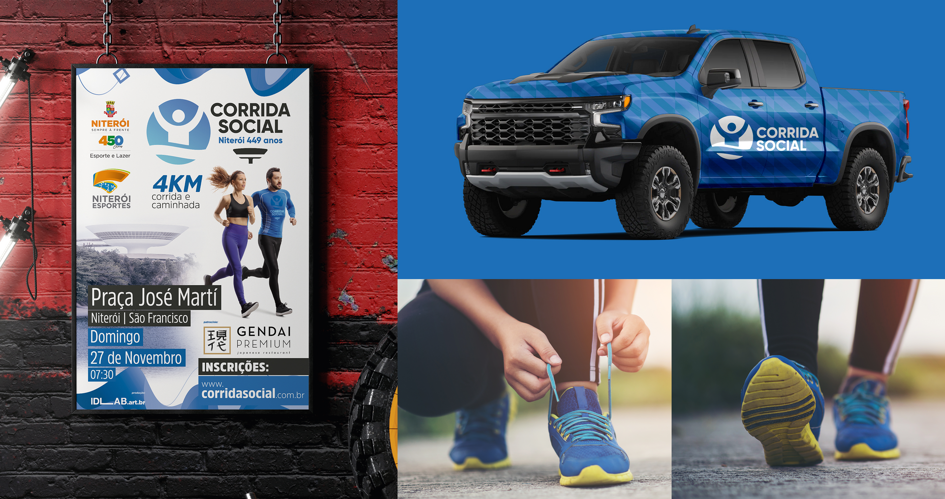 Corrida Social Uma colagem de fotos de um caminhão, um pôster e uma pessoa amarrando os sapatos.