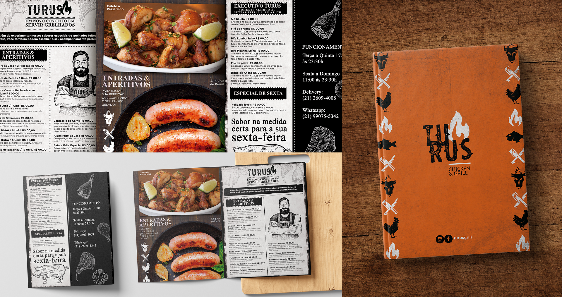 Turus Uma colagem de imagens de comida e um cardápio para um restaurante.
