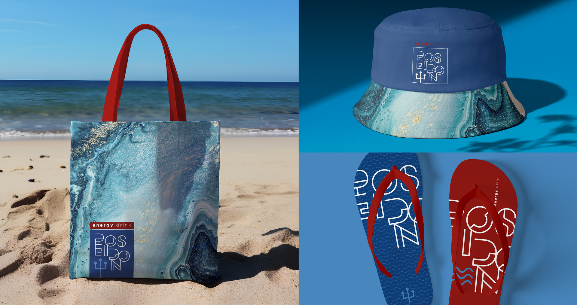 Poseidon Energy Drink A bag a hat and a pair of flip flops are on the beach.