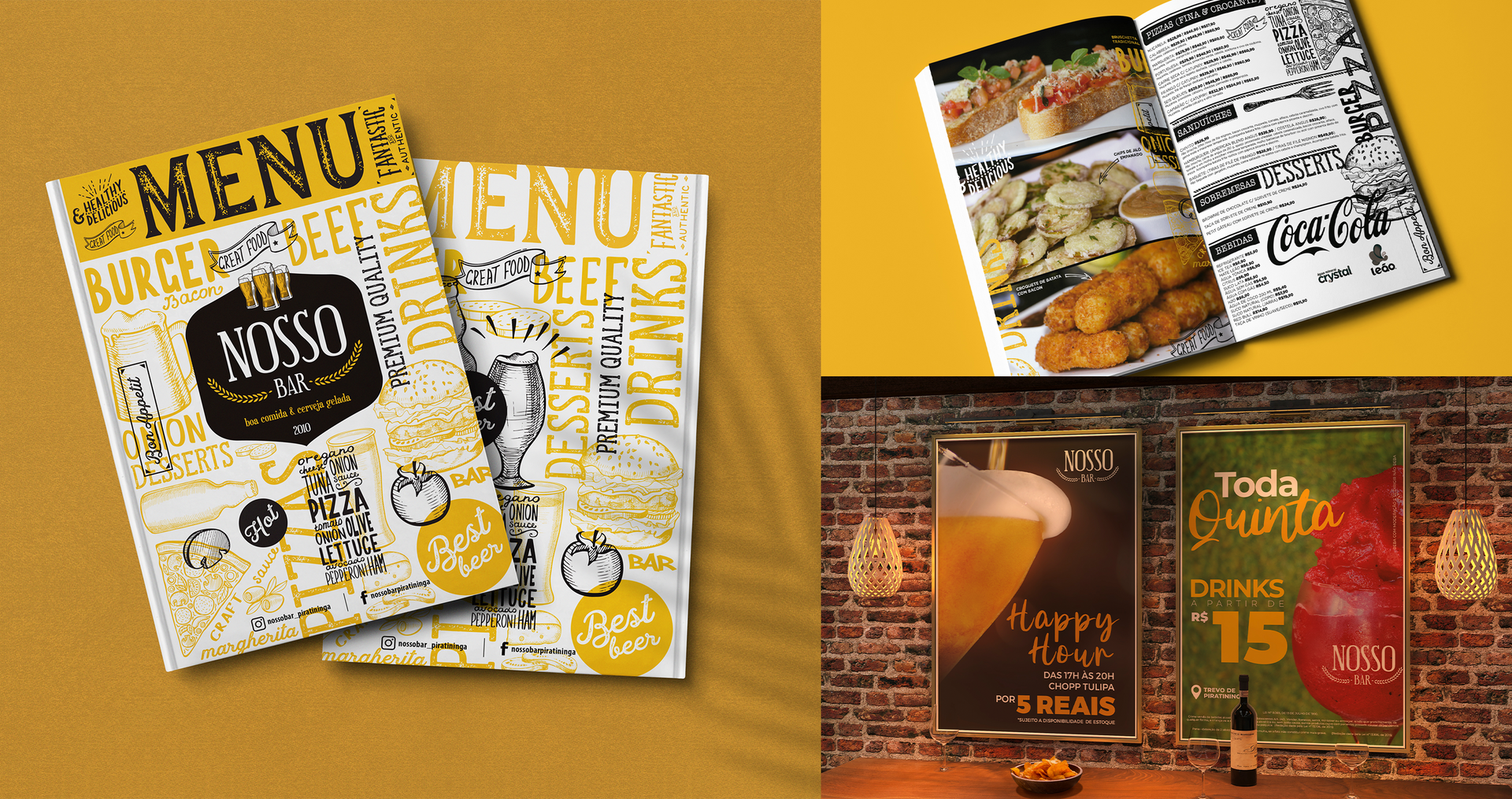 A collage of menus and posters for a restaurant