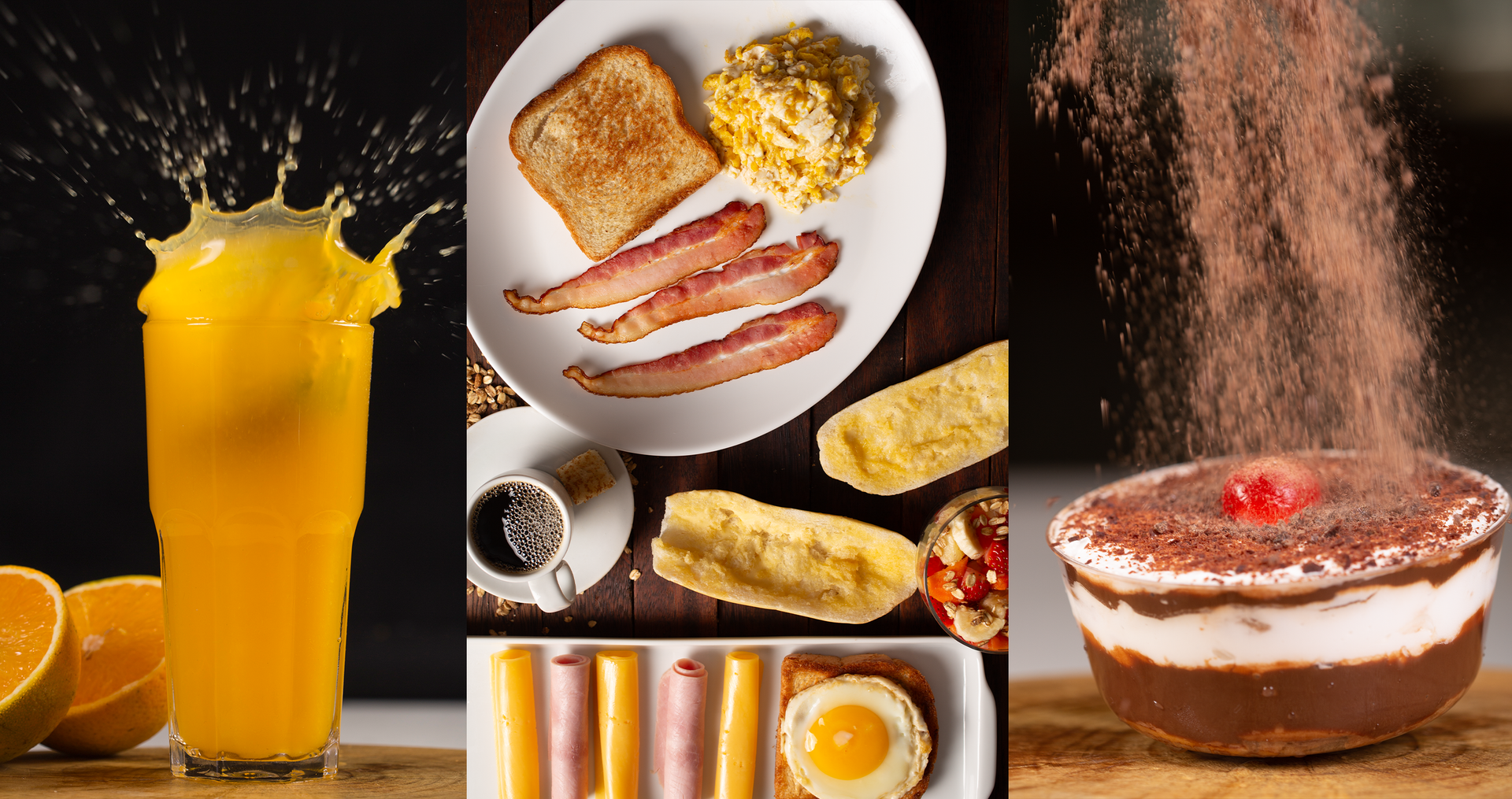 Mattinata Uma colagem de três fotos de diferentes tipos de alimentos e bebidas.