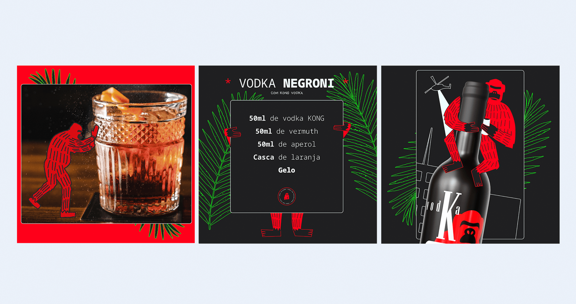 KONG Vodka Uma garrafa de vodka, um copo de vodka e um homem em pé ao lado de uma garrafa de vodka.