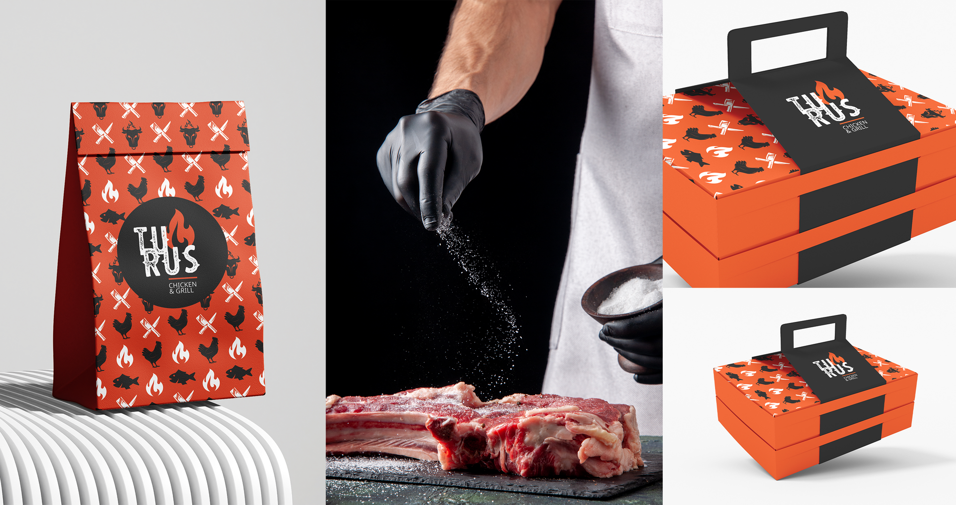 Turus Um homem está espalhando sal em um pedaço de carne.