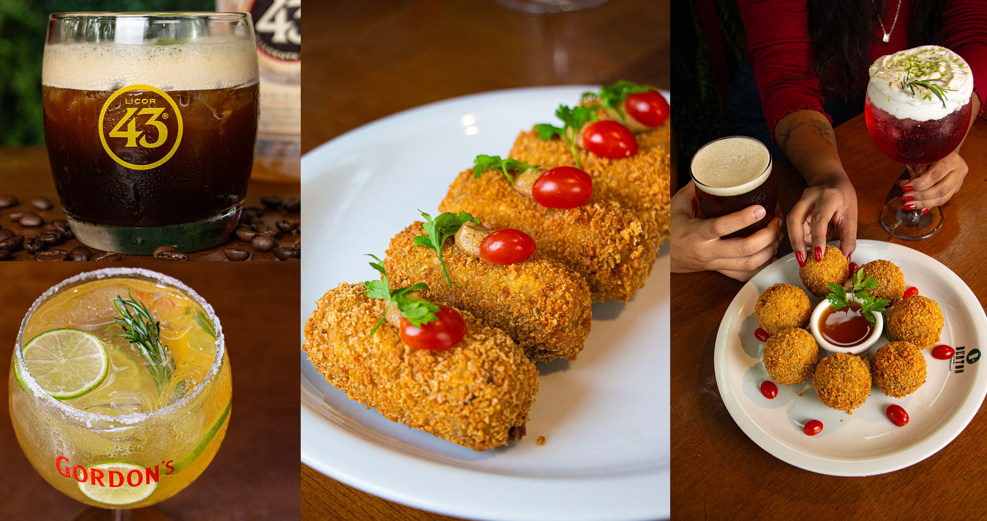 Uma colagem de três fotos de comida e bebidas sobre uma mesa.