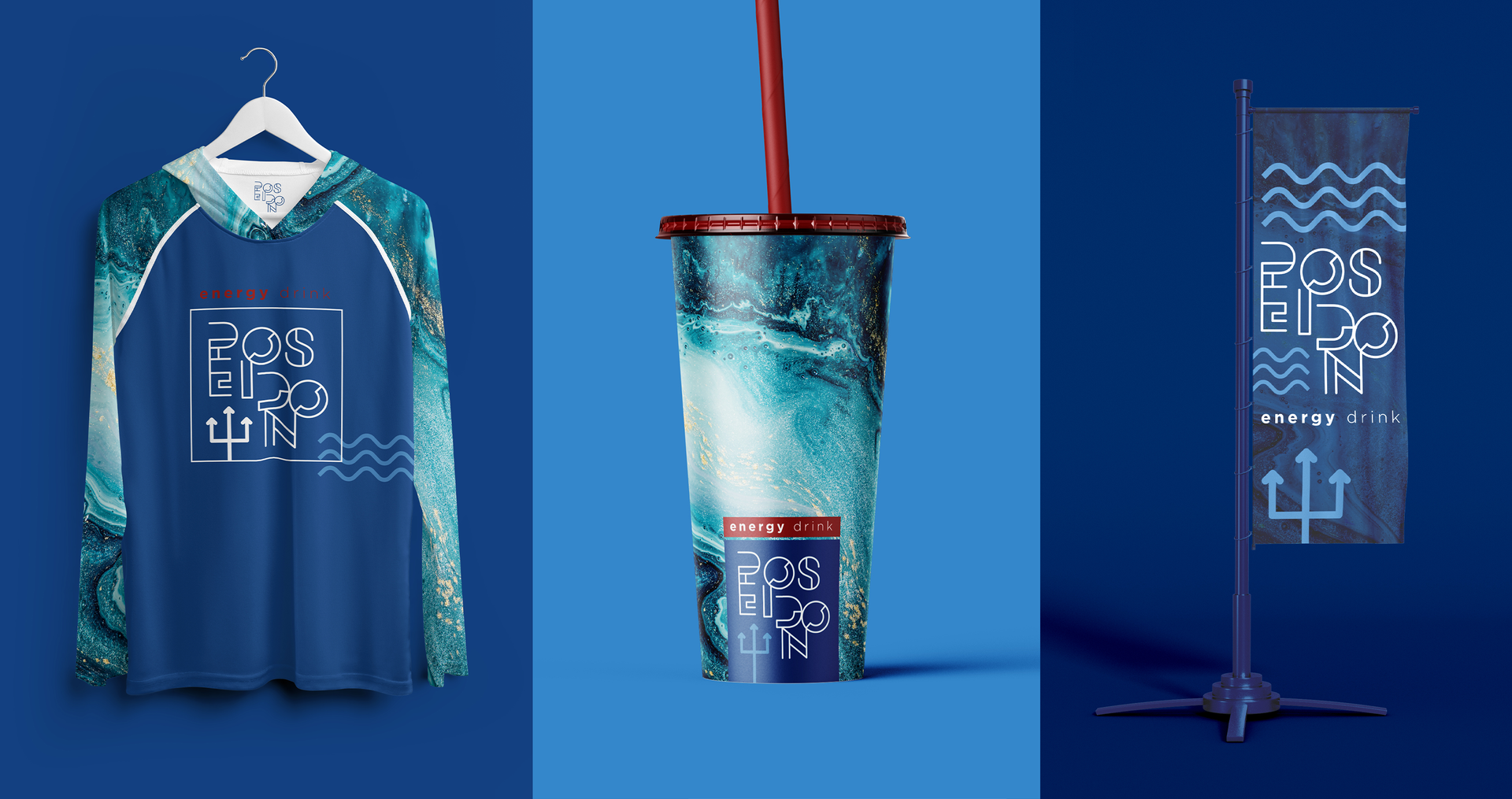 Poseidon Energy Drink A blue shirt , a cup , and a flag on a blue background.