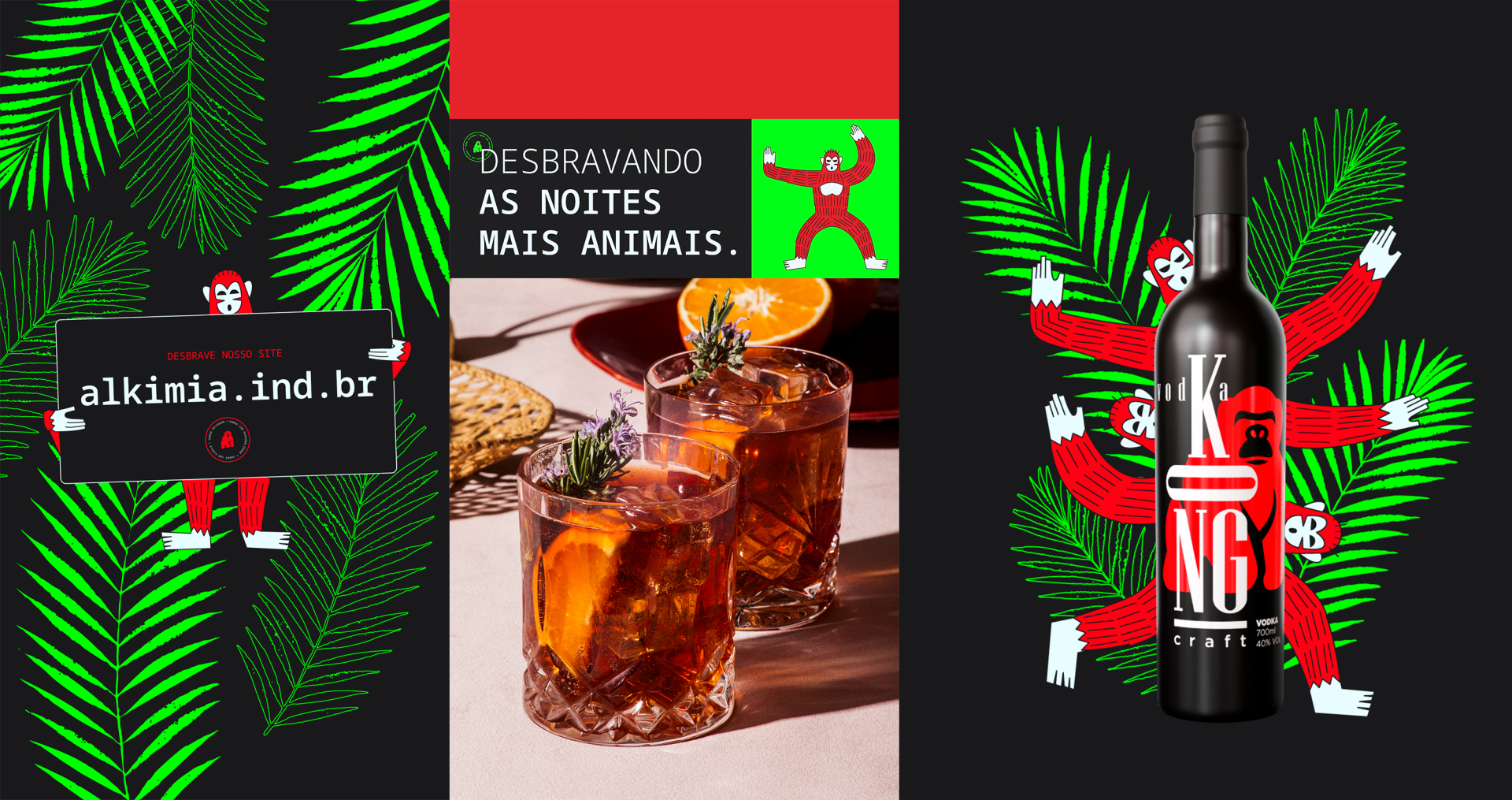 KONG Vodka Uma garrafa de vinho está sobre uma mesa ao lado de duas taças de álcool.