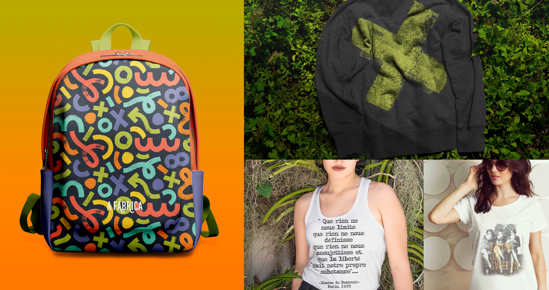 Uma colagem de fotos mostra uma mochila, um moletom e uma mulher vestindo uma regata.