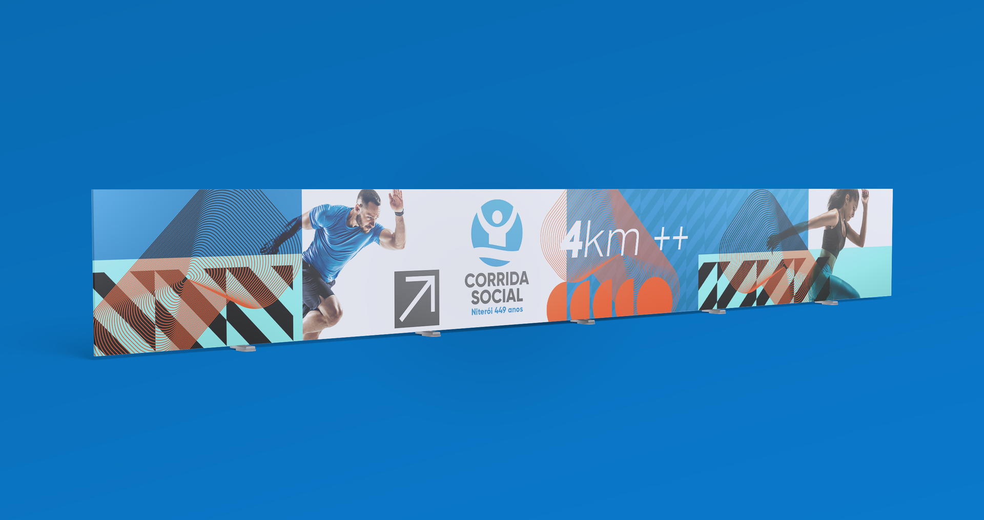 Corrida Social Um banner com fundo azul e um monte de fotos nele.