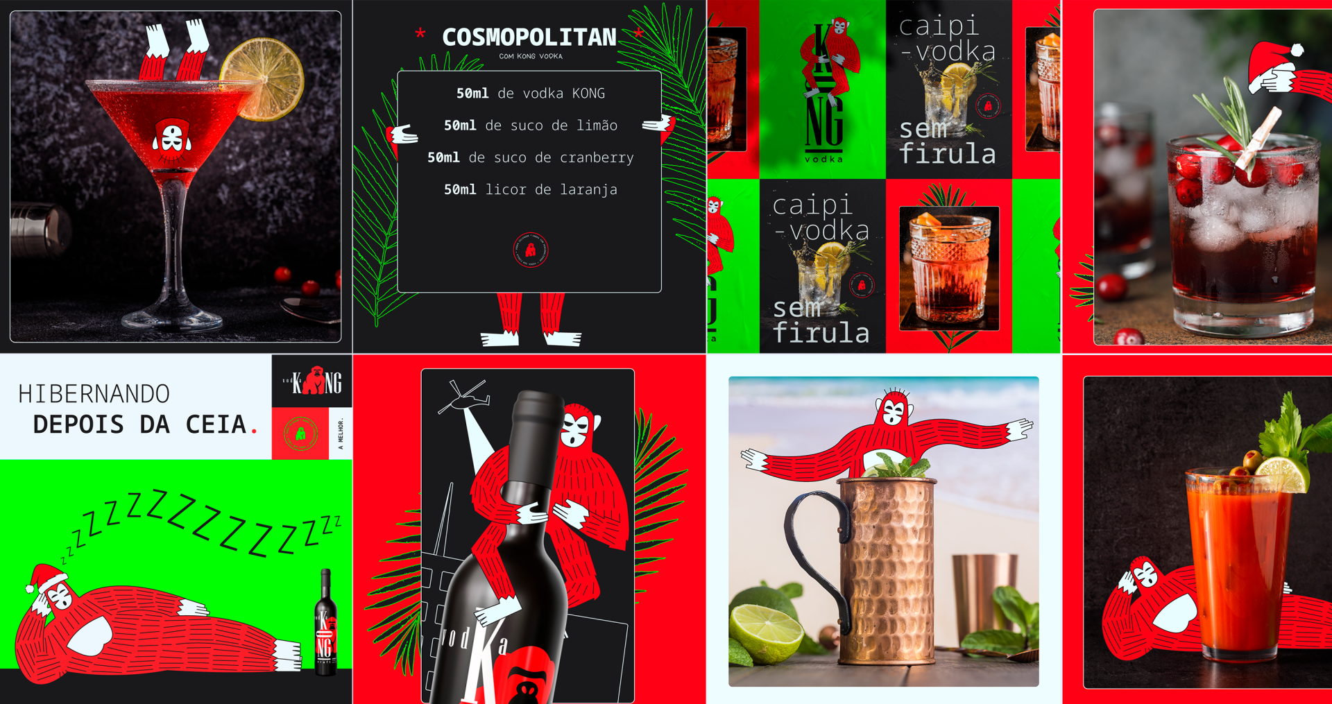 KONG Vodka Uma colagem de imagens do Papai Noel segurando uma garrafa de vinho