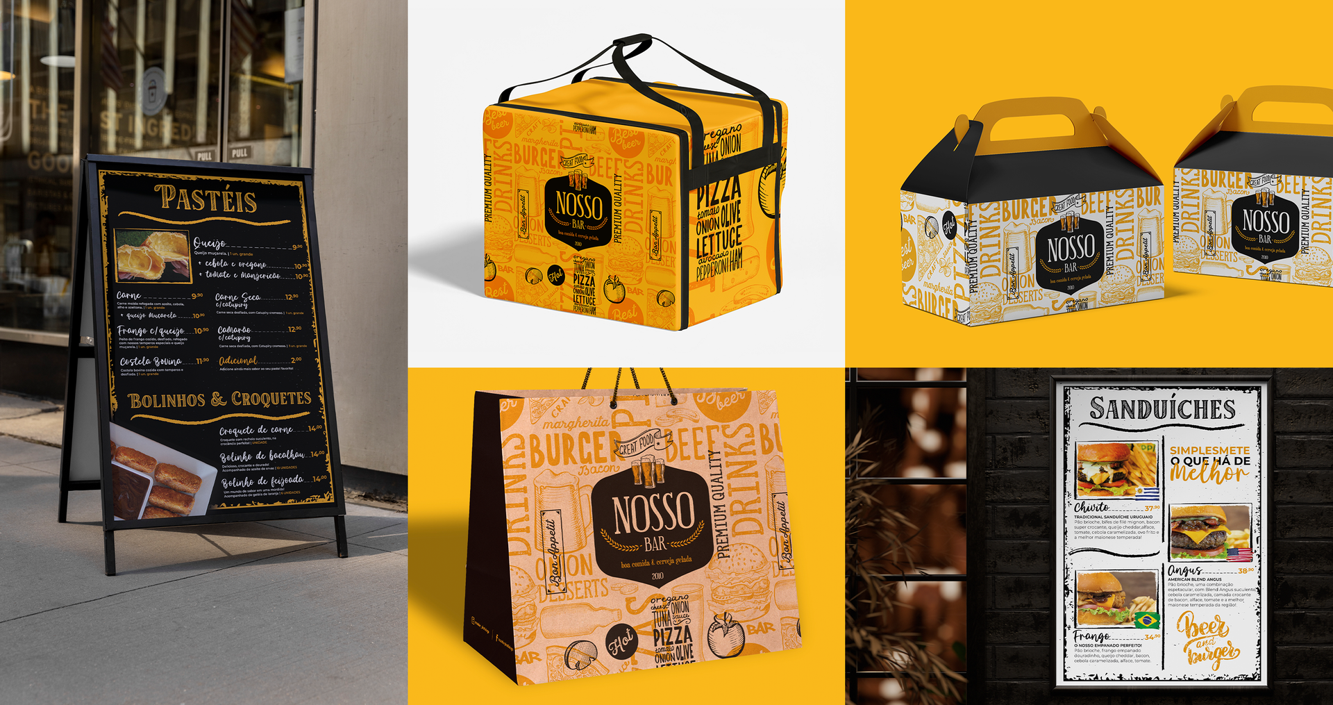 A collage of different types of packaging for a restaurant