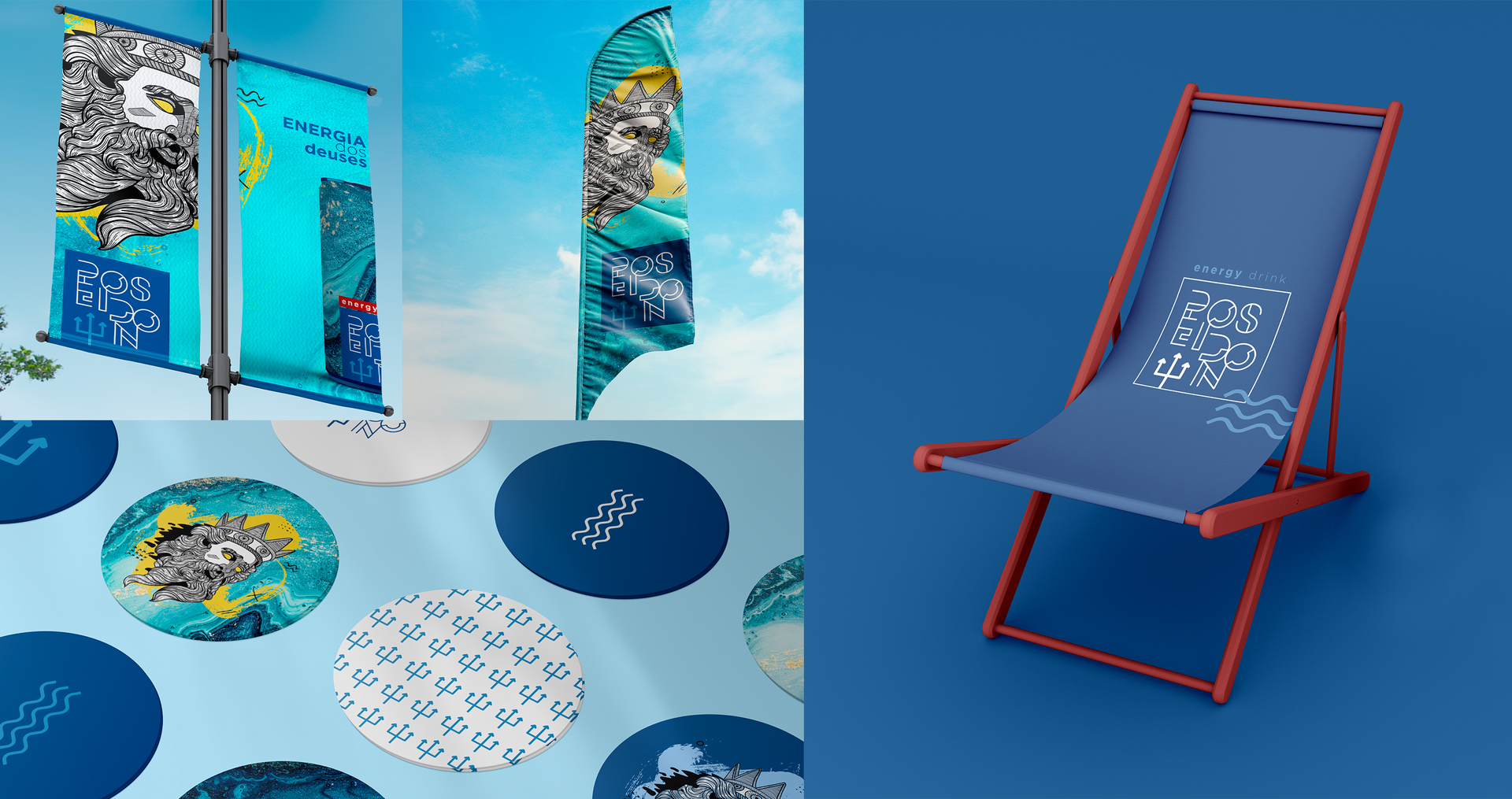 Poseidon Energy Drink A blue chair is sitting on a blue floor next to a blue flag.