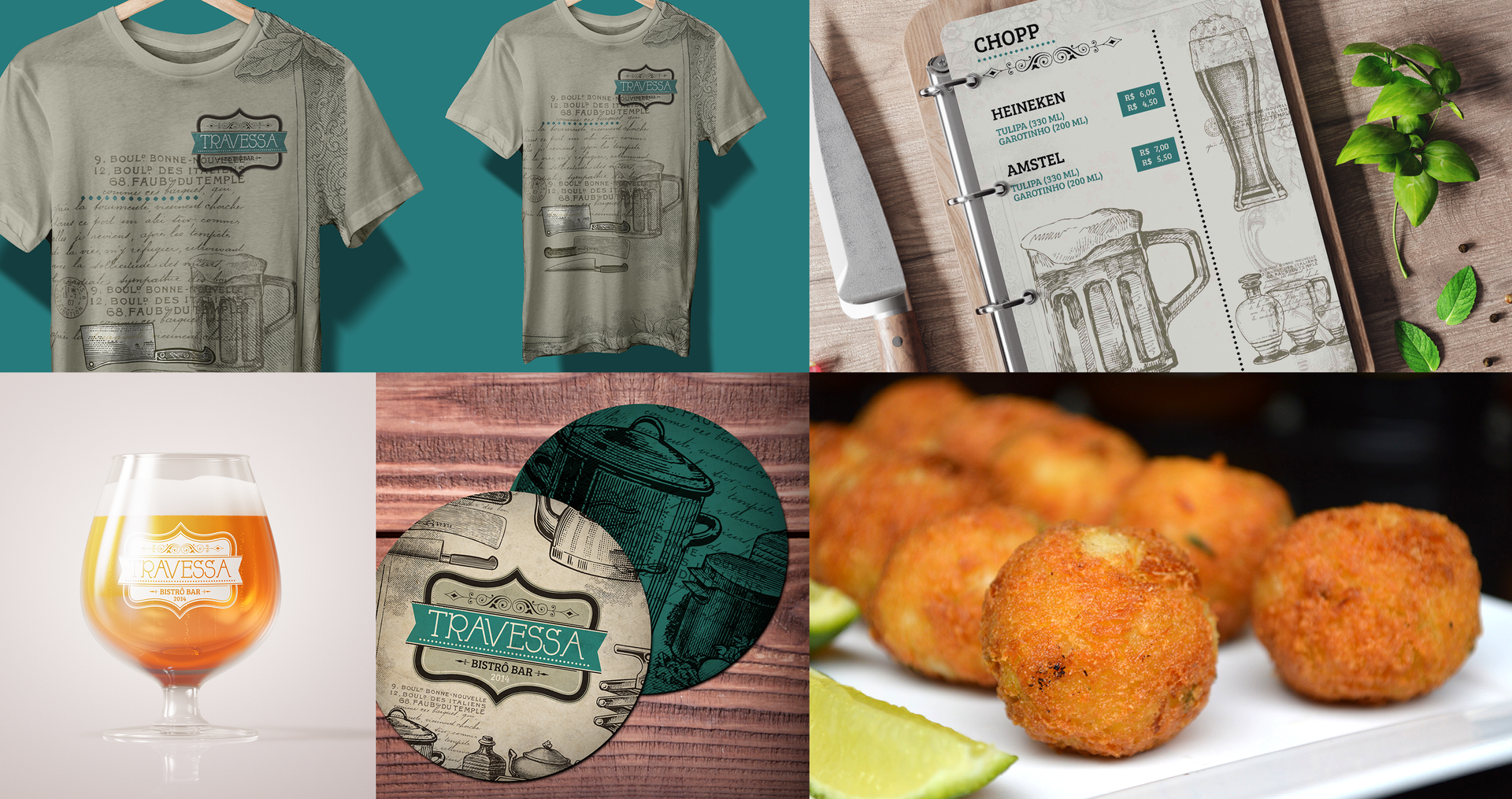 Travessa A collage of images including a t-shirt , a glass of beer , and fried food