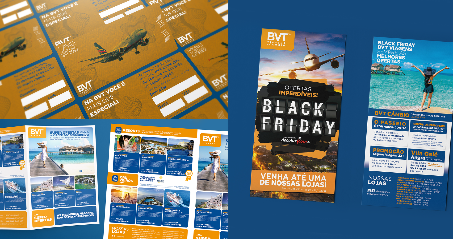 BVT Viagens Uma colagem de panfletos para a Black Friday mostra uma mulher em pé na praia.