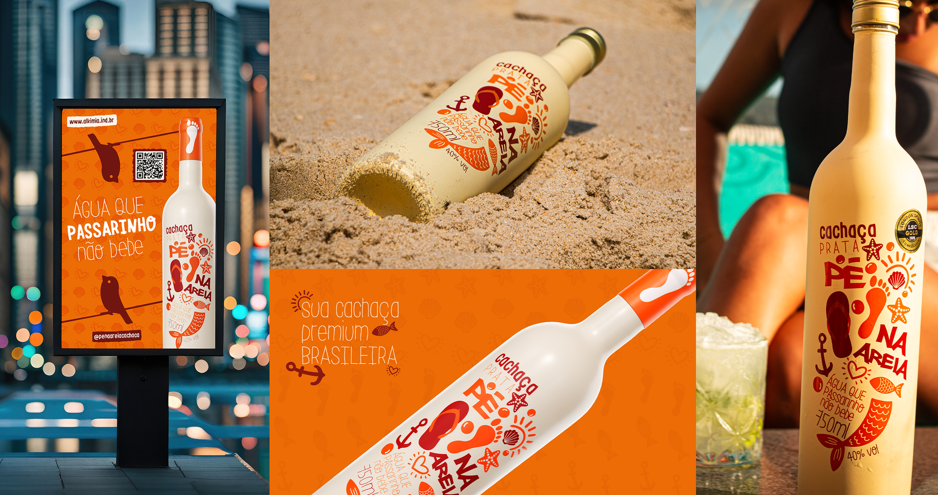 Pé na Areia Cachaça Uma colagem de imagens de uma praia e bebidas