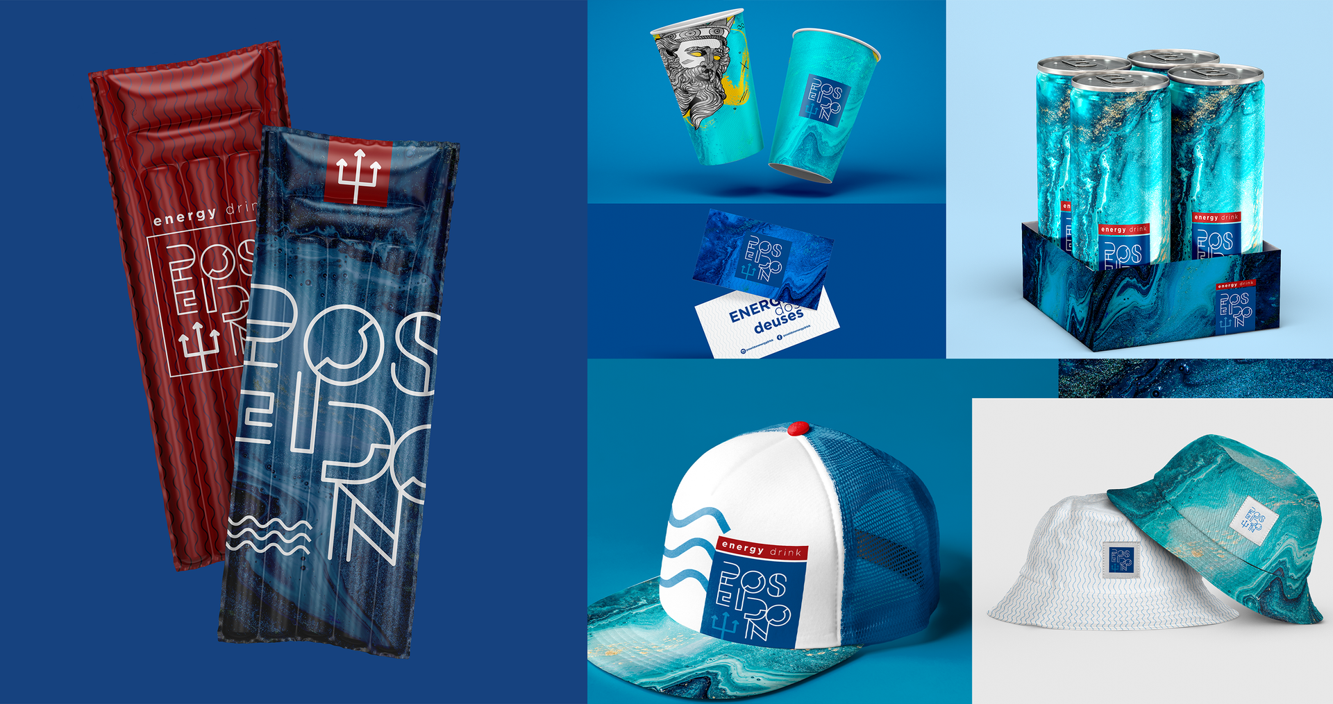 Poseidon Energy Drink A collage of images showing a raft , a hat , and a box of cans.