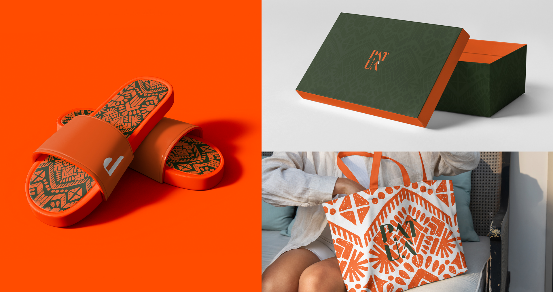 PATUÁ A collage of three pictures shows a pair of sandals , a box , and a pillow.