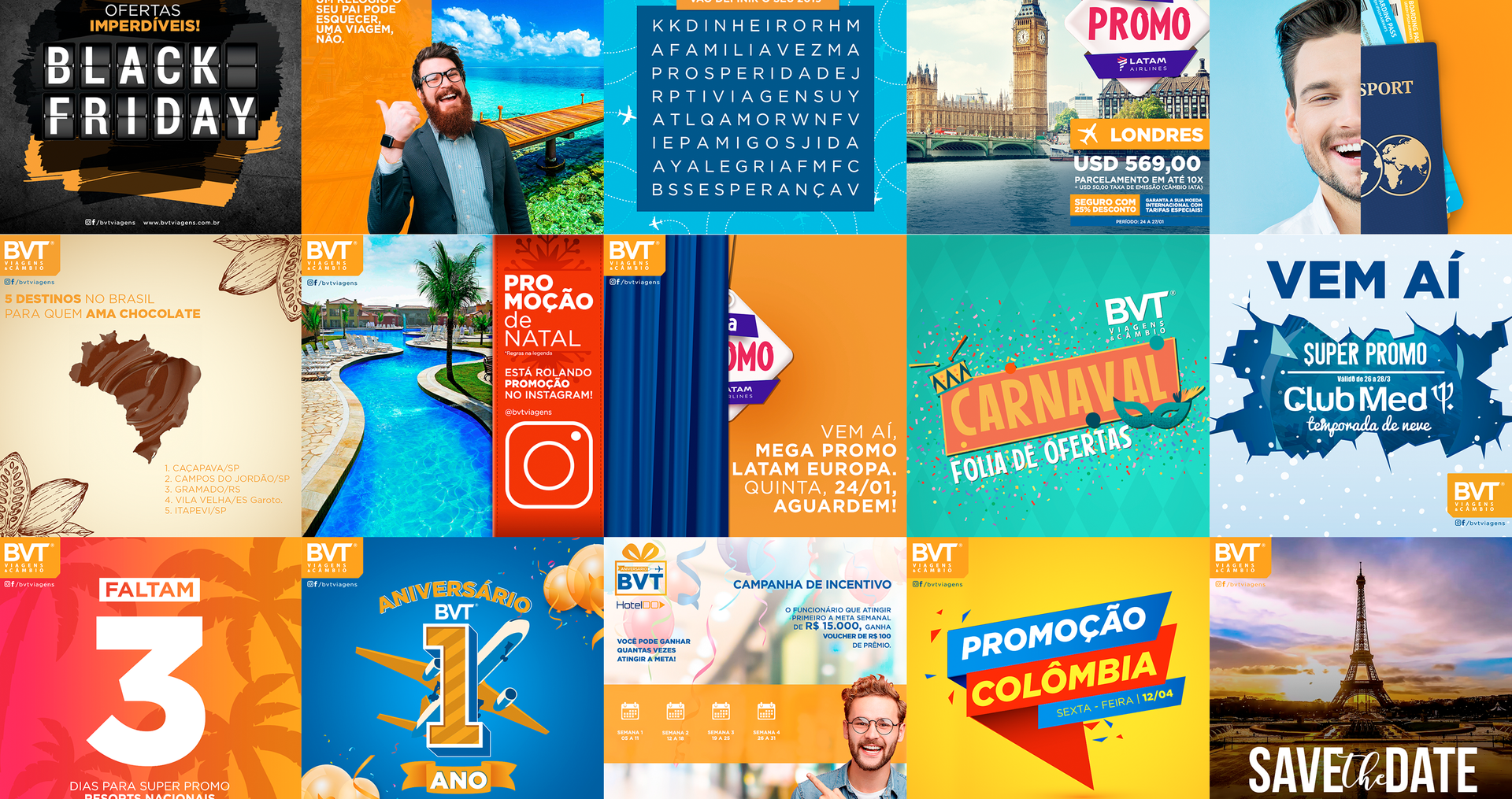 BVT Viagens Há muitos tipos diferentes de anúncios nesta colagem.