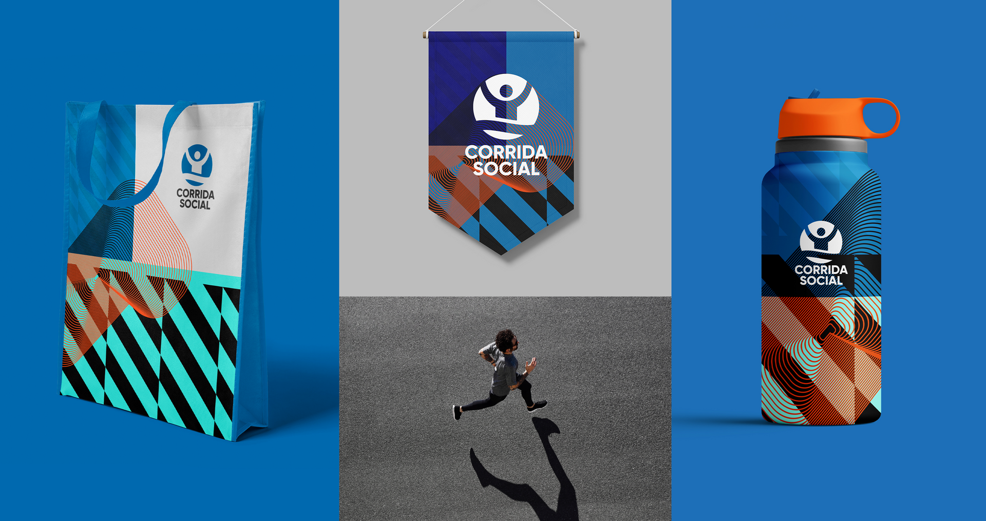 Corrida Social Uma bolsa, uma faixa e uma garrafa de água em um fundo azul.