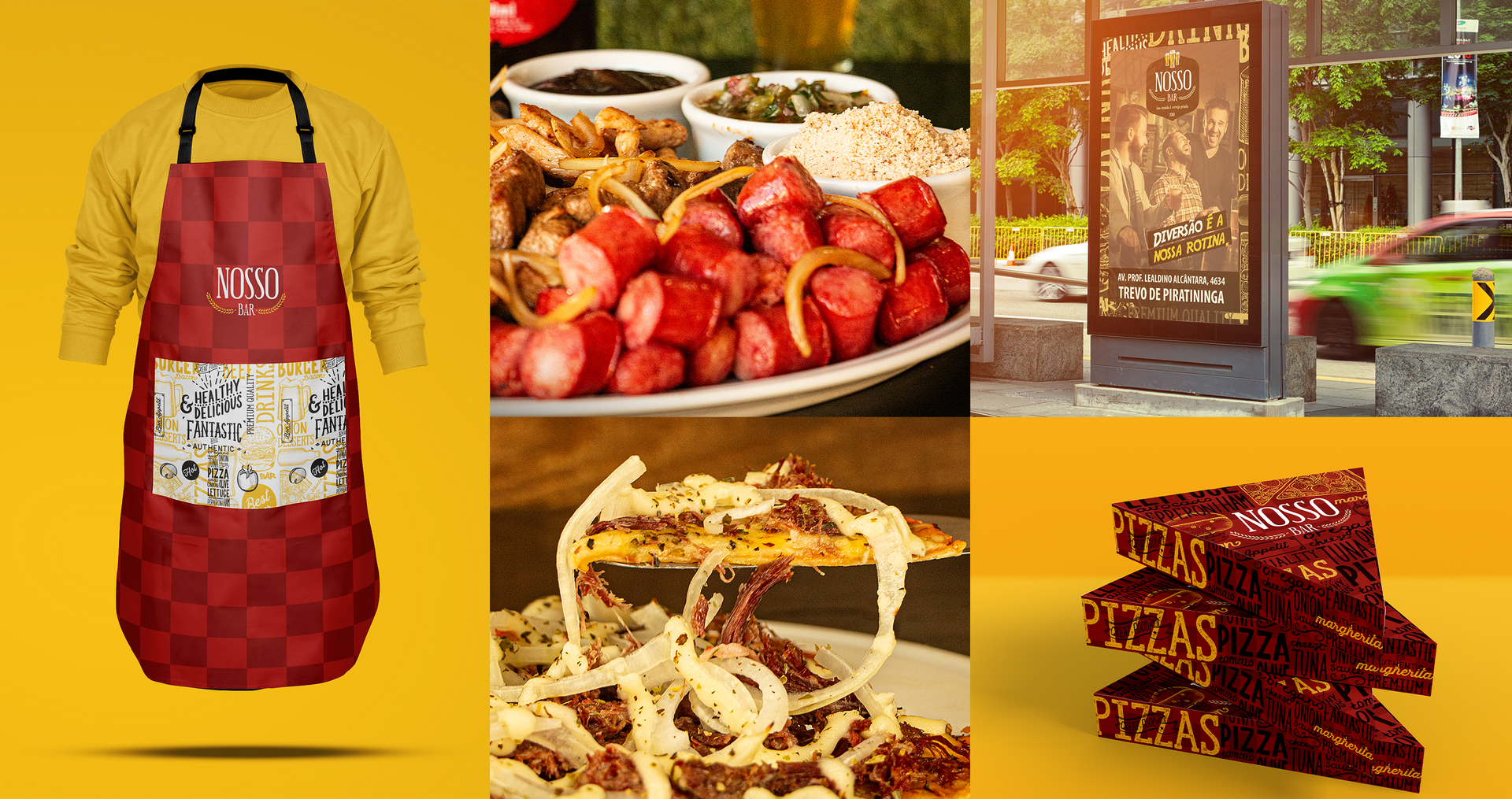 A collage of images shows a pizza , an apron , and a bus stop.