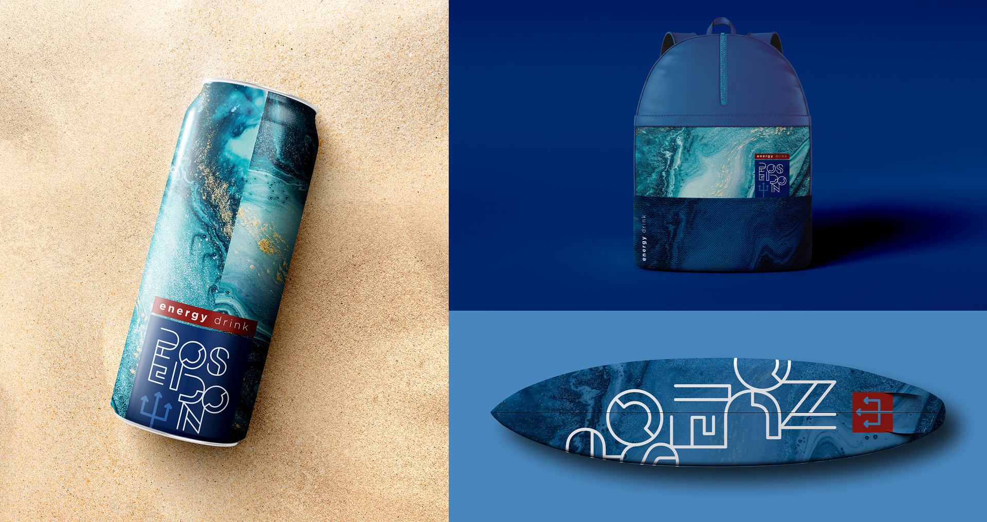 Poseidon Energy Drink A can of soda and a surfboard are on the beach.
