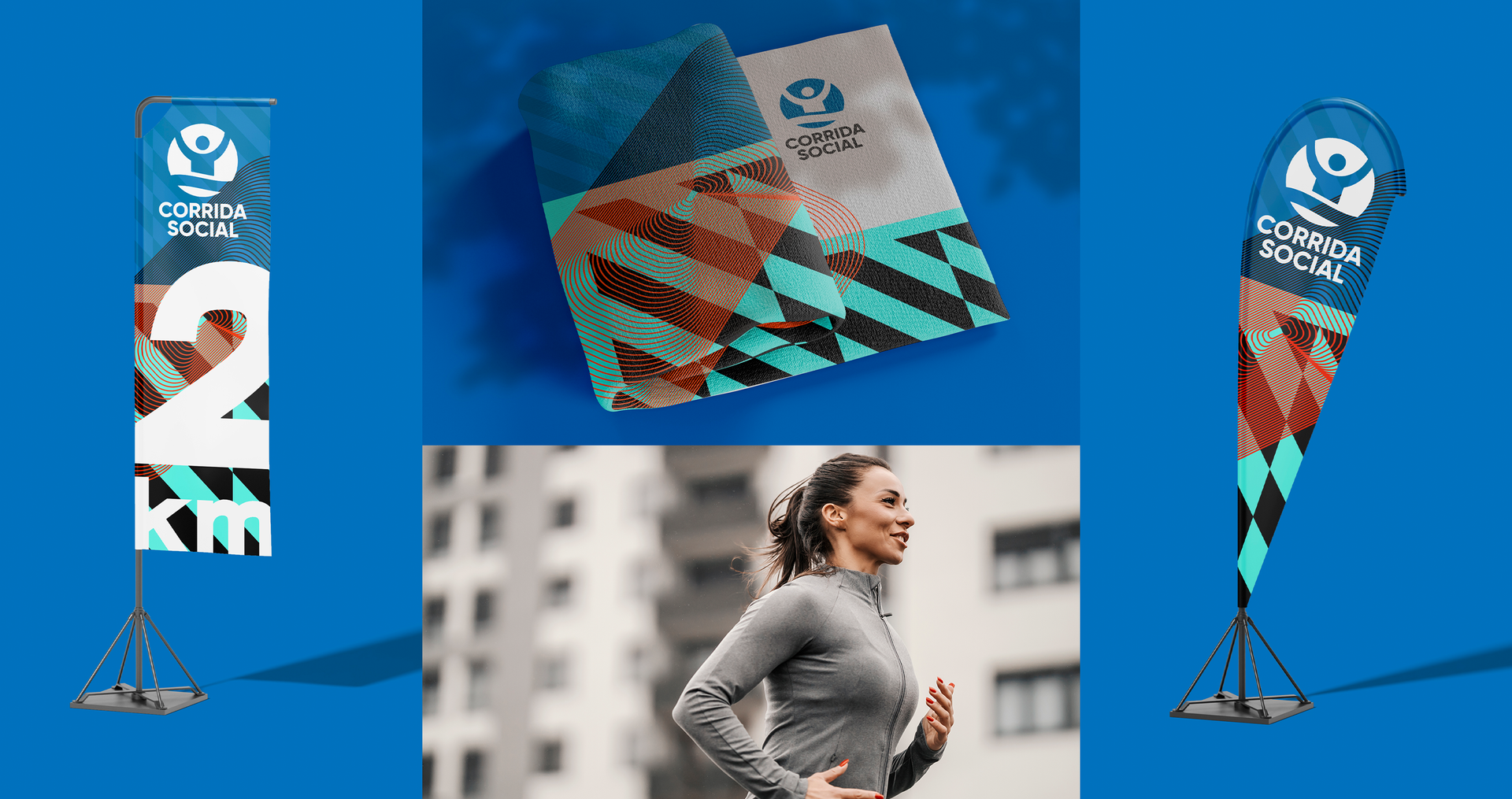Corrida Social Uma mulher está correndo em um fundo azul ao lado de uma faixa e uma bandeira.