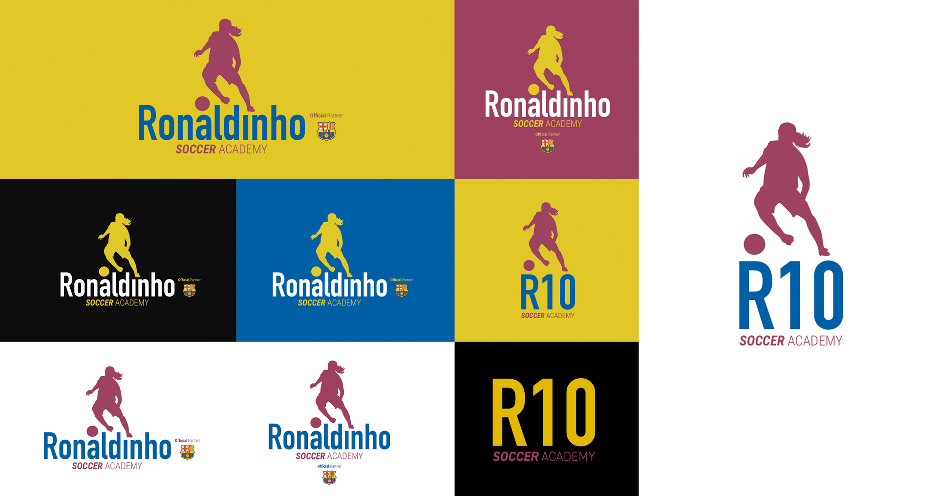 Ronaldinho Soccer Academy Uma colagem de logotipos de ronaldinho em cores diferentes